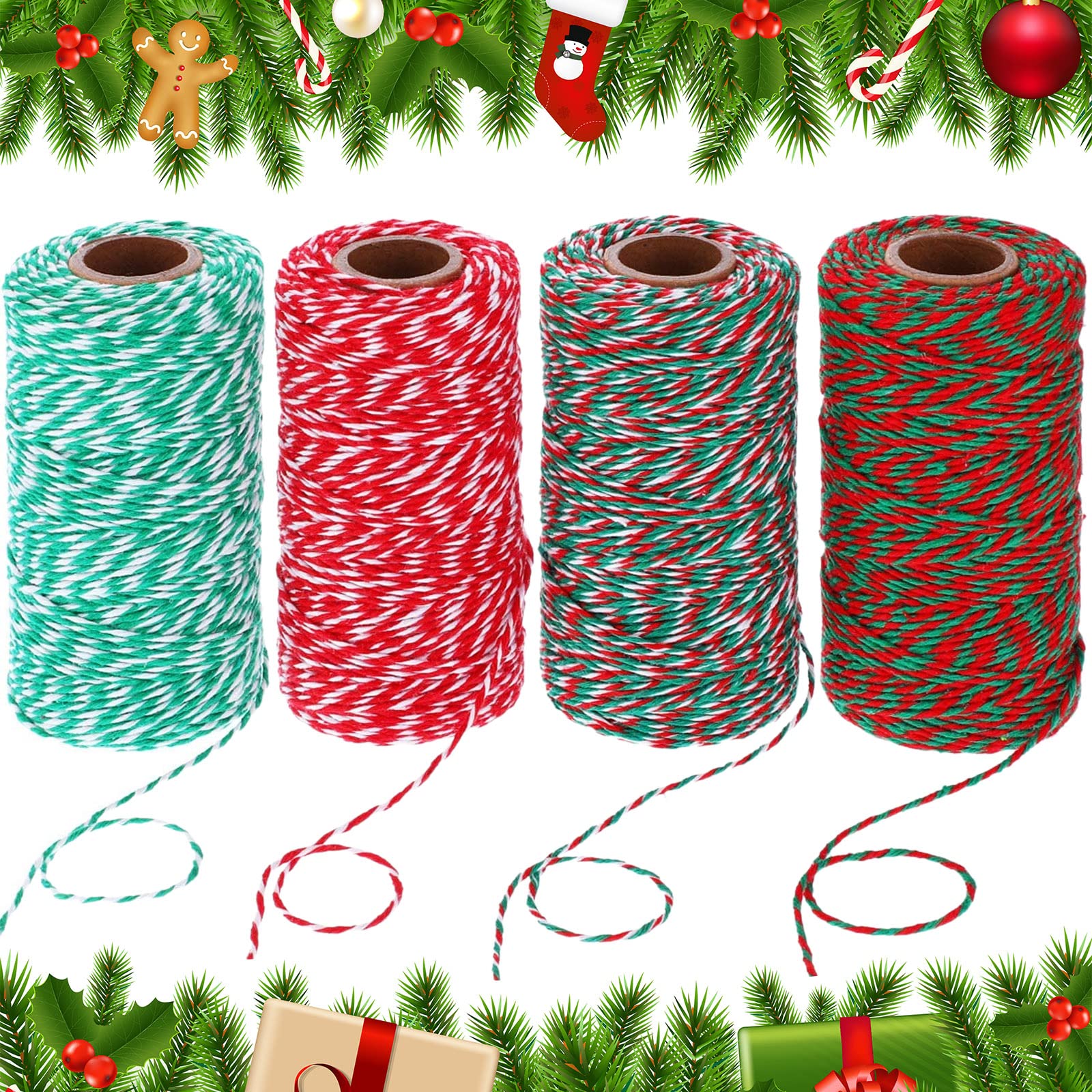 Cordel de Navidad de algodón para manualidades, 4 rollos de 1312 pies para regalos