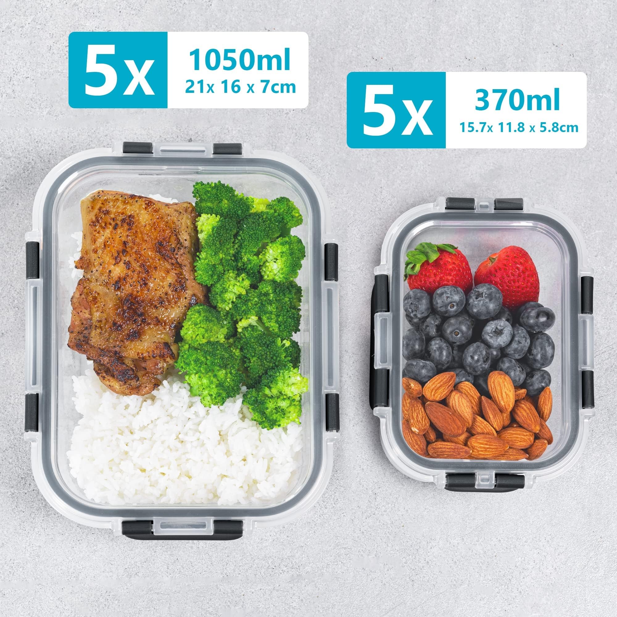 Igluu Meal Prep Recipientes Herméticos para Alimentos de Cristal con Tapas (Set de 10) – Sin BPA – Aptos para Horno, Microondas, Congelador y Lavavajillas – 370 ml y 1050 ml – Vidrio de Borosilicato