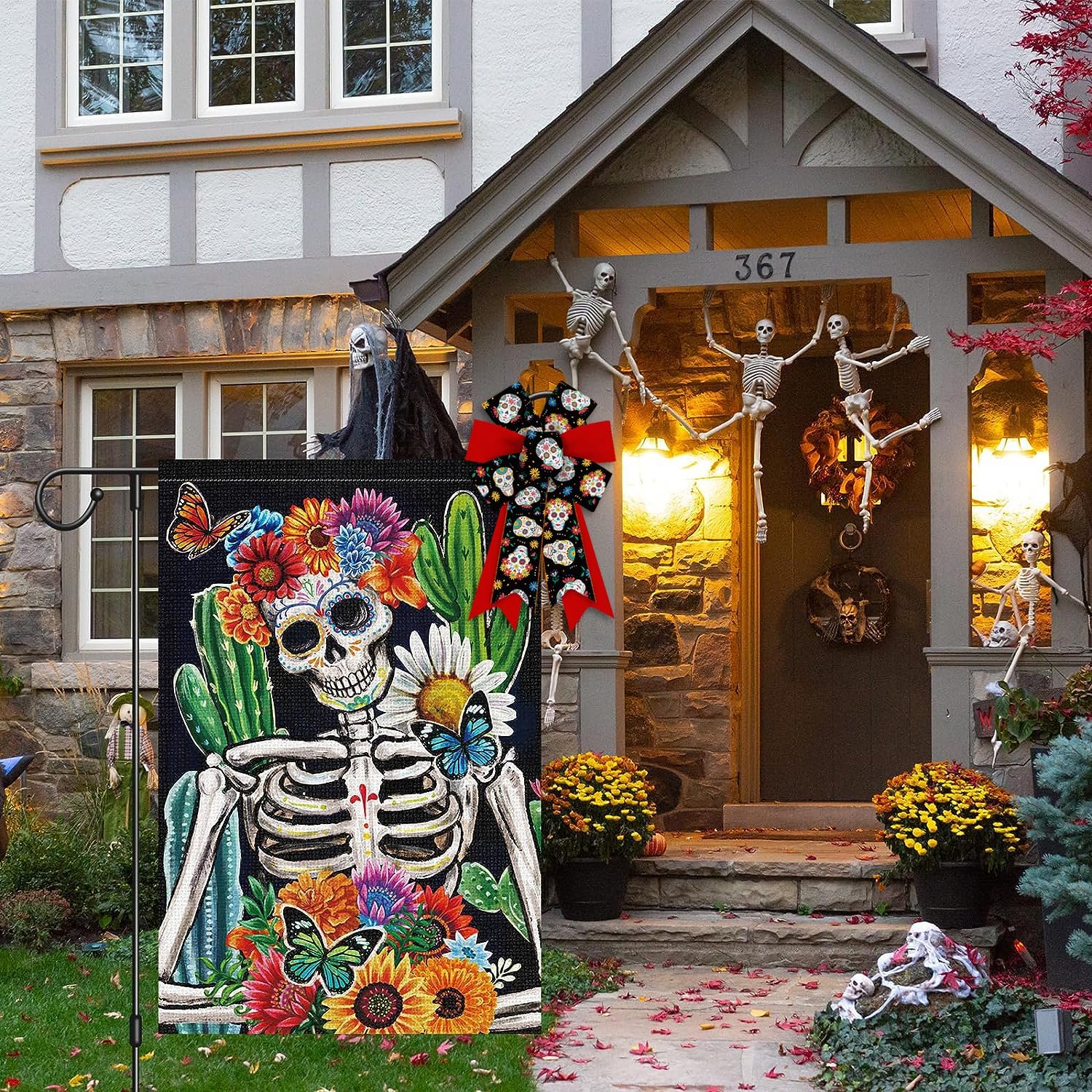 Hying 2PCS Day of The Dead Bows for Wreath, Red Black Dia de Los Muertos Wreath Bow for Mexican Party Supplies Halloween Sugar Skull Bow for Front Door Indoor Outdoor Wall Tree Topper Decorations - Image 4