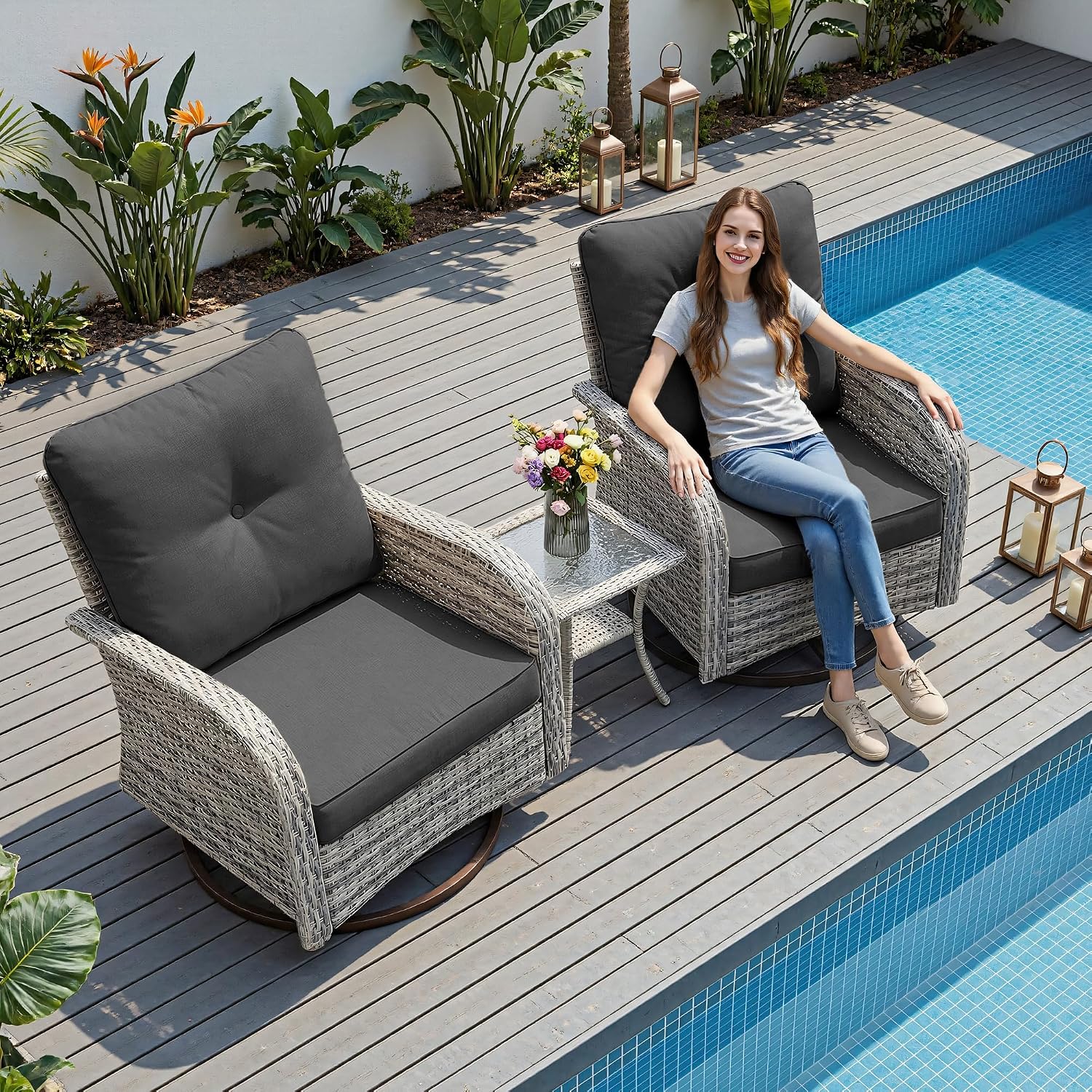 3-Piece Small Patio Furniture Set, Outdoor Swivel Rocking Chairs Set with Wicker Chairs and Tempered Glass Side Table, Outdoor Furniture Patio Bistro Set for Balcony, Deck, Porch