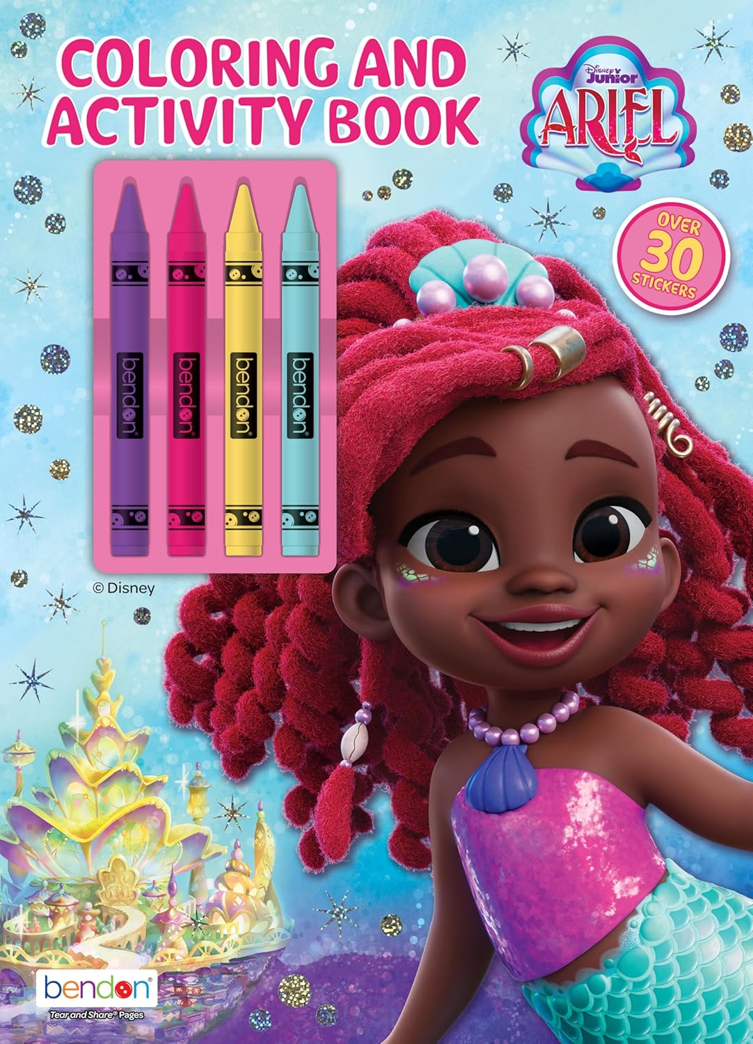 Disney JR Ariel Coloring and Activity Book with Crayons, 48 Pages, Over Stickers, and 4 Crayons (Bendon 61313)      Paperback – Coloring Book, June 1, 2024