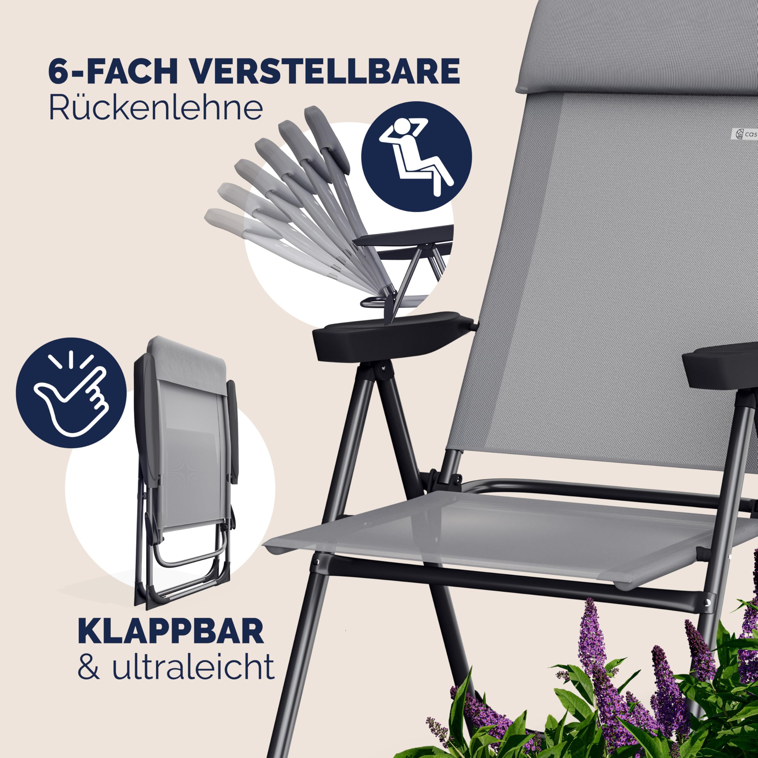 Casaria Set 2 Sedie da Giardino Pieghevoli Regolabili 7 Posizioni Alluminio