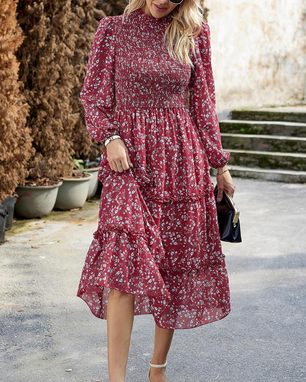 NOLLSOM Women 2026 Spring Dress Floral Boho Dress Casual Long Sleeve Crew Neck Ruffle A-Line Flowy Wedding Guest Maxi Dresses - Image 6