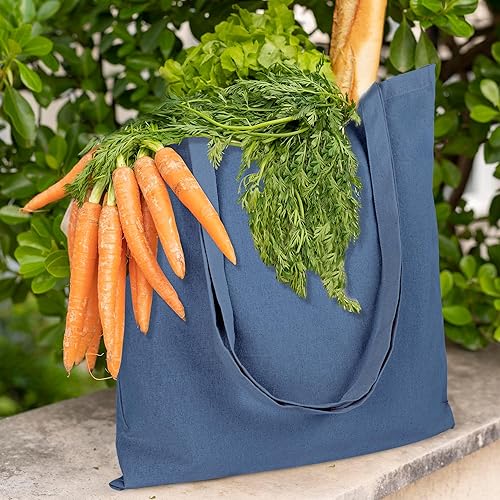 Miniatura 3 de Urban Villa Paquete de 6 bolsas de comestibles reutilizables de 15 x 16 pulgadas con mango largo de 27 pulgadas, color azul, 100% algodón, bolsas de