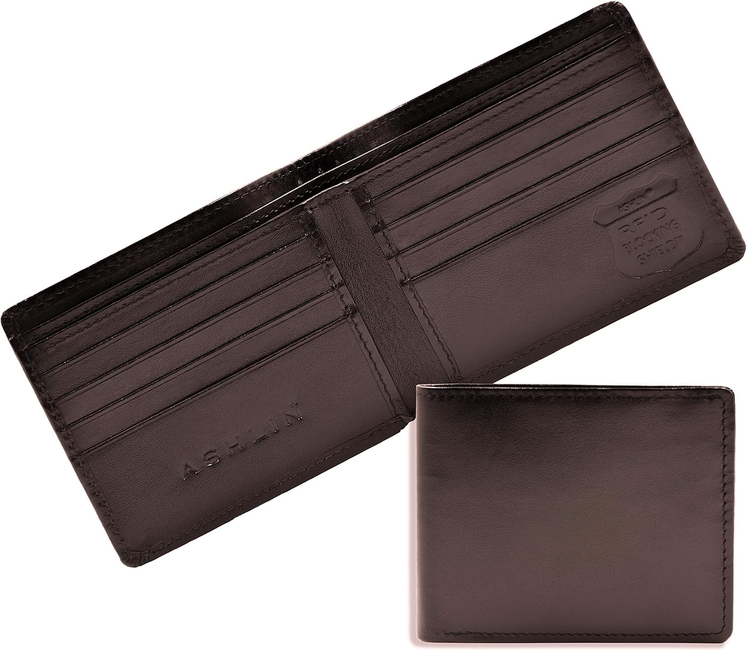 ASHLIN® RFID Blocking Leather Wallet Currency Compartment, 2 Pockets [RFID5748-07-02]