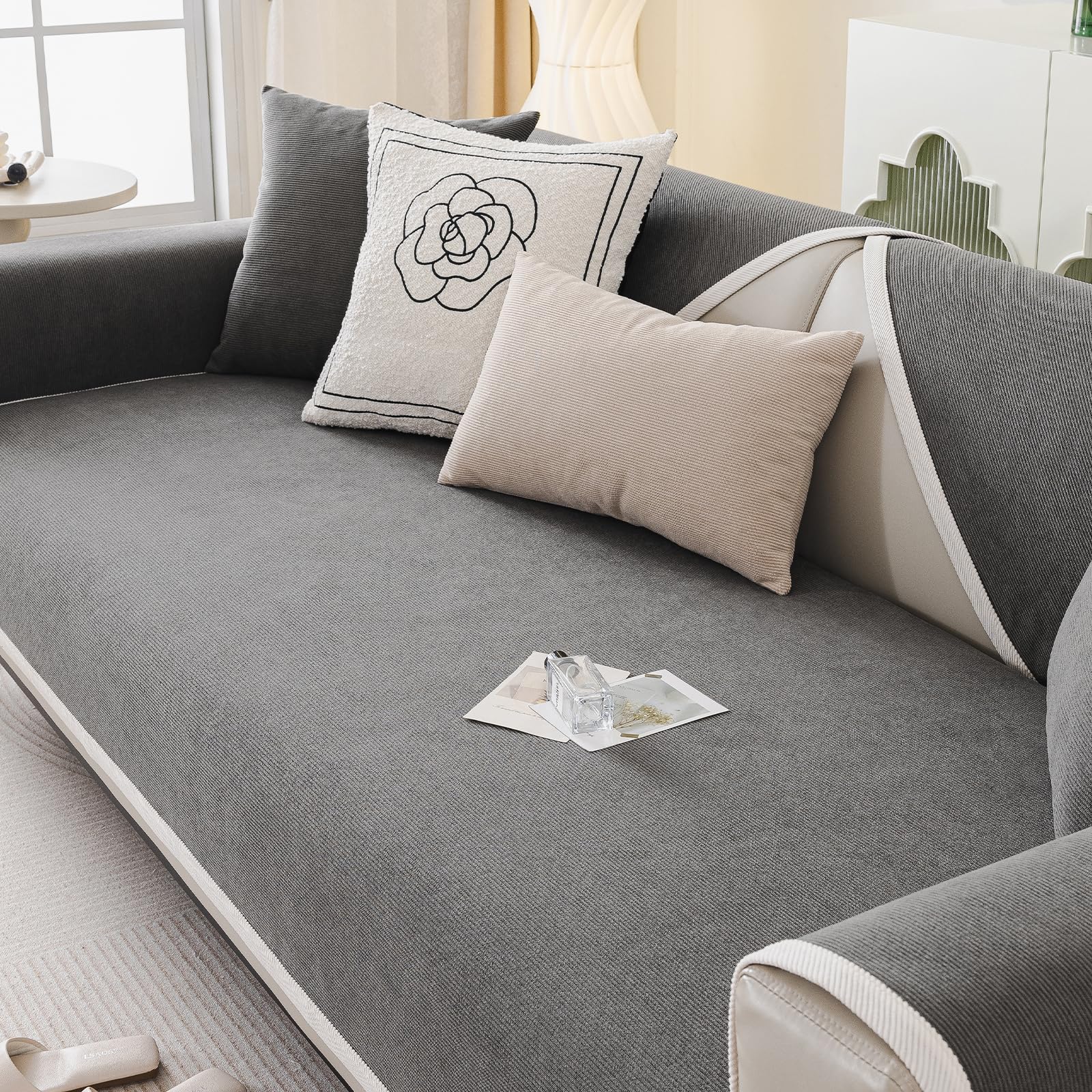 AMFUN Corduroy Sofa Covers, Soft &Washable, Non-Slip Sofa Slipcovers, Pet Couch Covers, Sofa Cushion Coversor for Living Room Furniture Protection(Grey, 90x180cm)