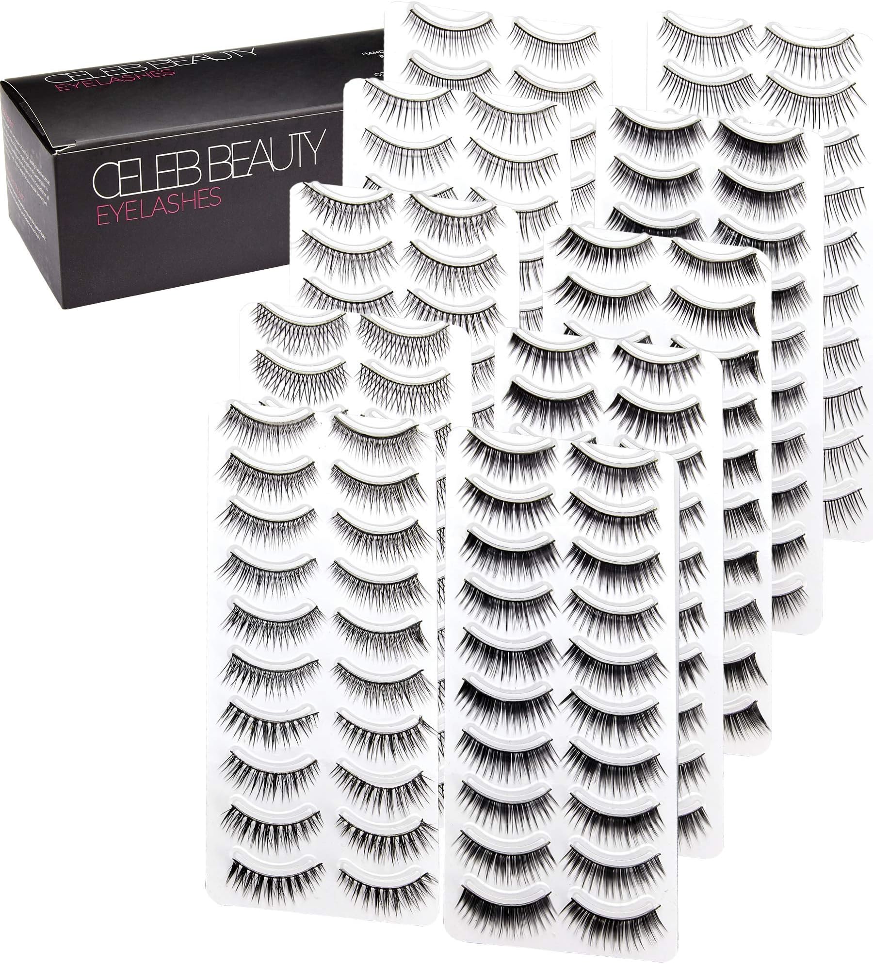 Eyelash Splashes 100 Pair Faux Lashes Variety Pack – Reusable Fake Eyelashes in 10 Styles – Hypoallergenic Strip False Lashes Set with Soft Natural, Fluttery Wispies, & Dramatic Falsies