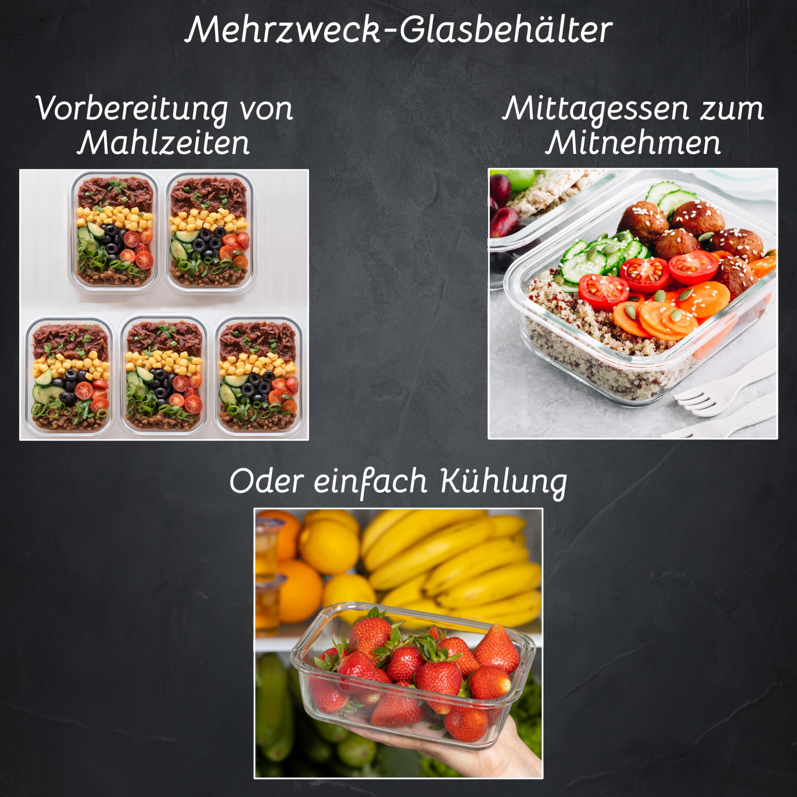 Tokyo Frischhaltedose Mealprep-Set mit 5 Glasbehälter + 5 Kunststoffdeckeln (Schwarz) | 100% dicht + hygienisch | Spülmaschinen-, Mikrowellengeeignet