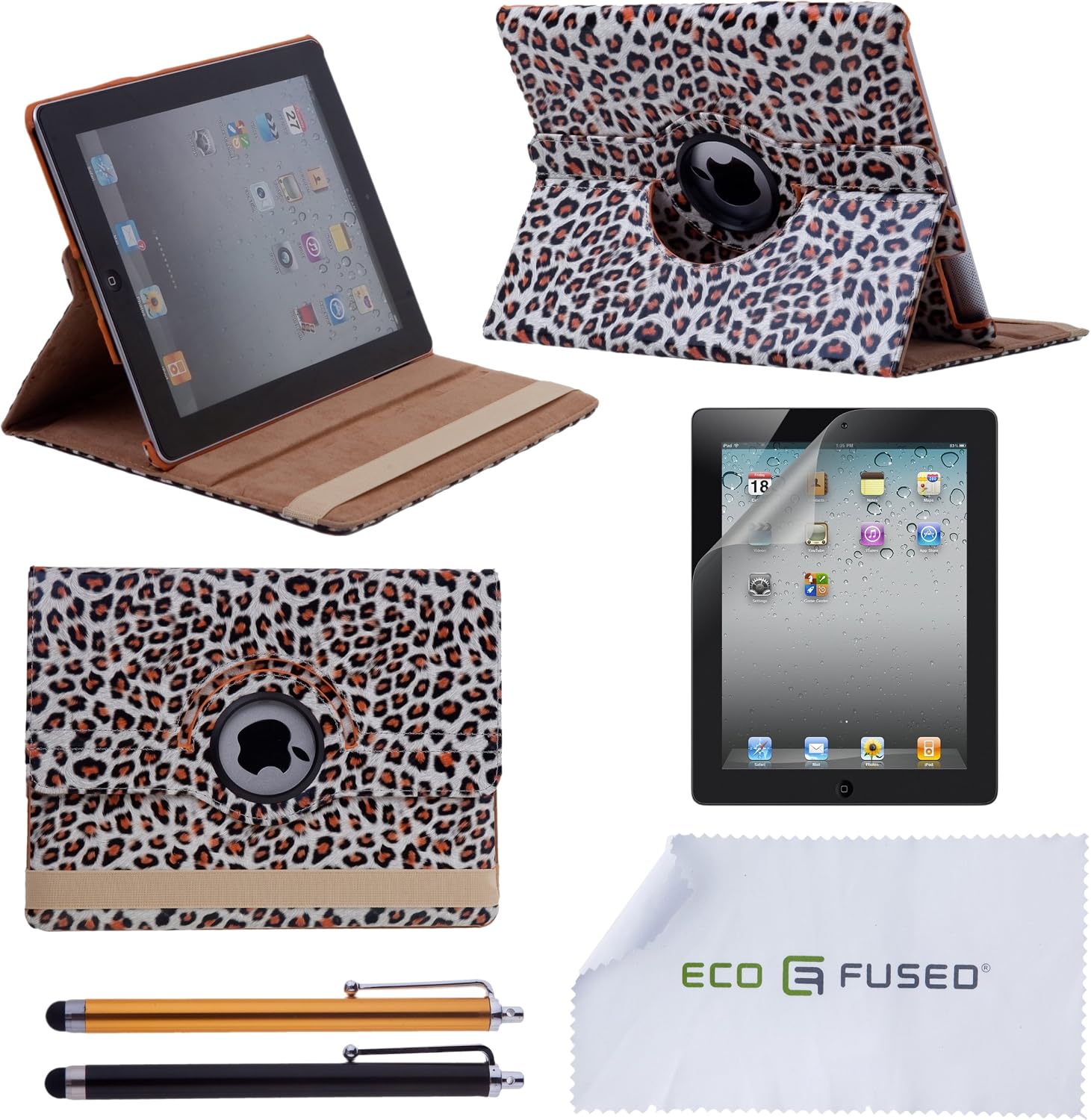 iPad 2 Accessory Bundle Including 1 Faux Leather Stand Case for Apple iPad 2/2 Stylus Pens / 1 Screen Protector / 1 ECO-FUSEDreg; Microfiber Cleaning Cloth (Orange/Leopard)