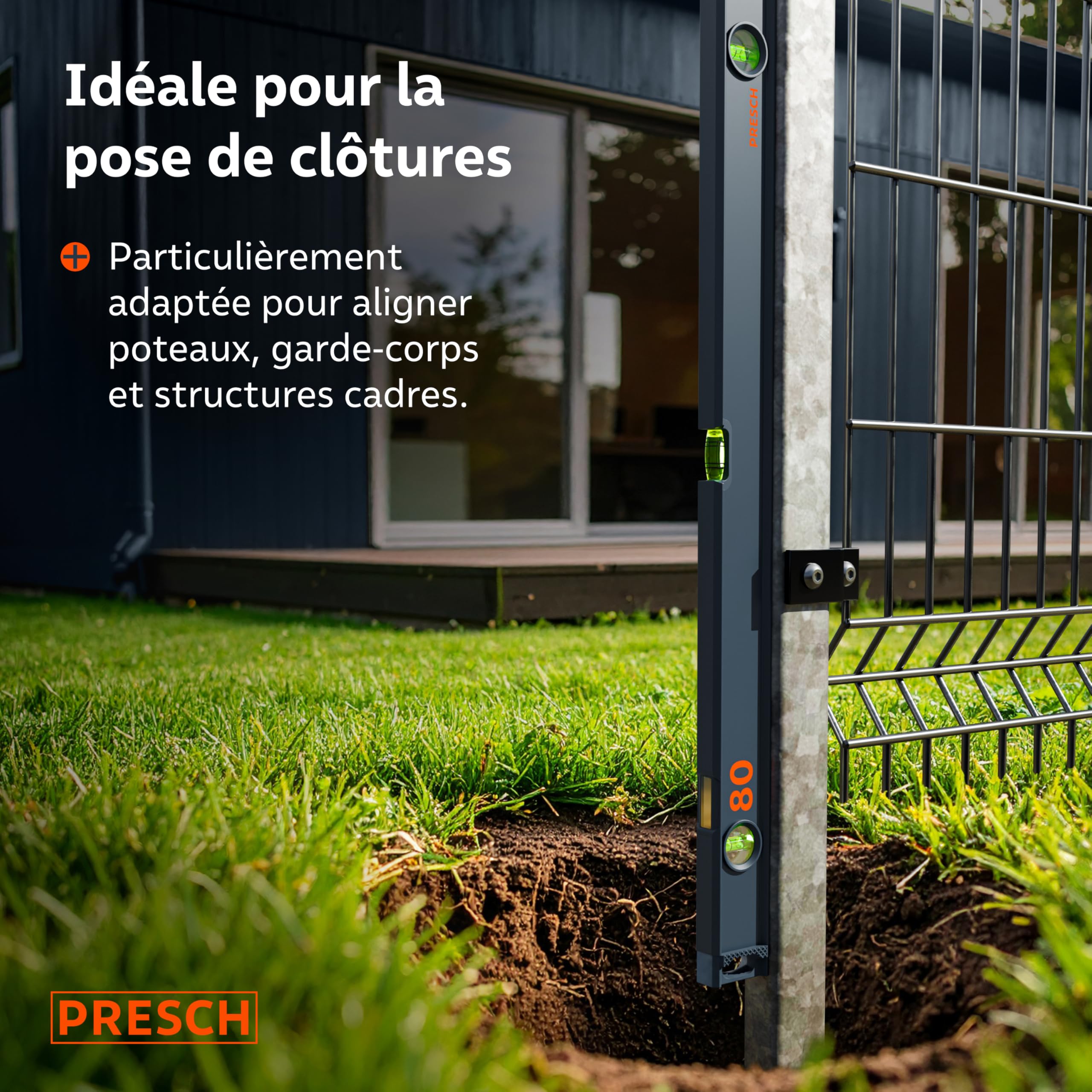Presch Niveau à Bulle Magnétique 80cm - Fiole incassable avec pente 2% - Fenêtre de lecture verticale - Embouts antidérapants innovants - Surface de mesure précise