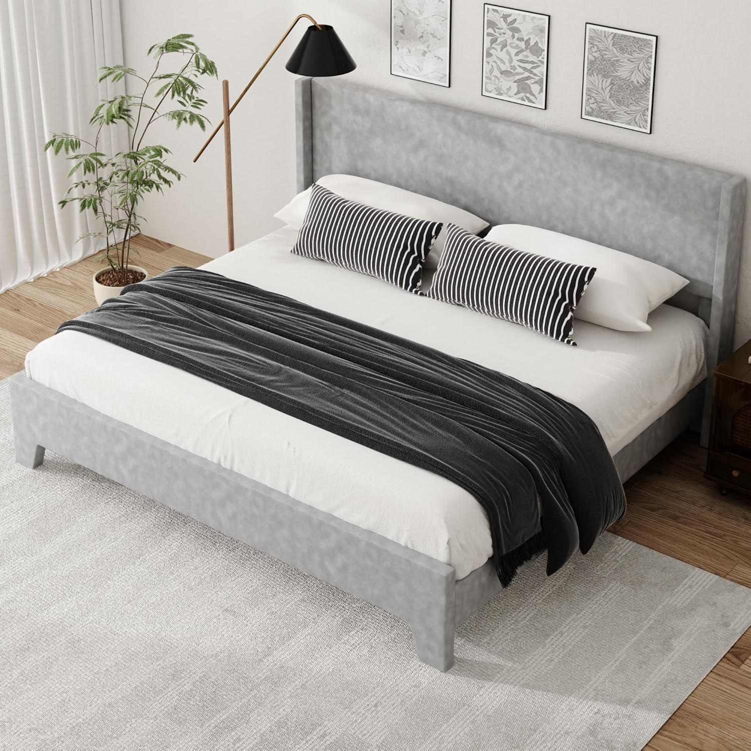 King Bed Frame with Faux Leather Upholstered Headboard, Wear-Resistant, Easy Clean, Mattress Foundation, No Box Spring Required, Easy Assembly, Grey