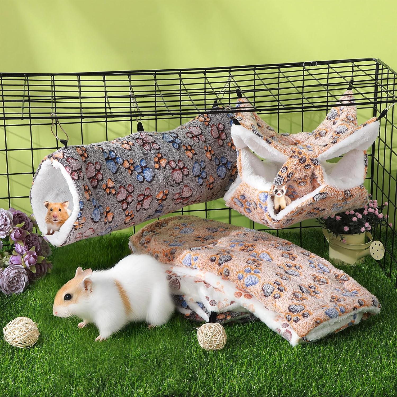 Sweetude 6 Pcs Rat Hammock Set Ferret Hanging Tunnel 3 Tier Guinea Pig Hammocks Hideout Soft Chinchilla Bed for Cage Accessories Hide,Play and Sleep(Cute,Paw)