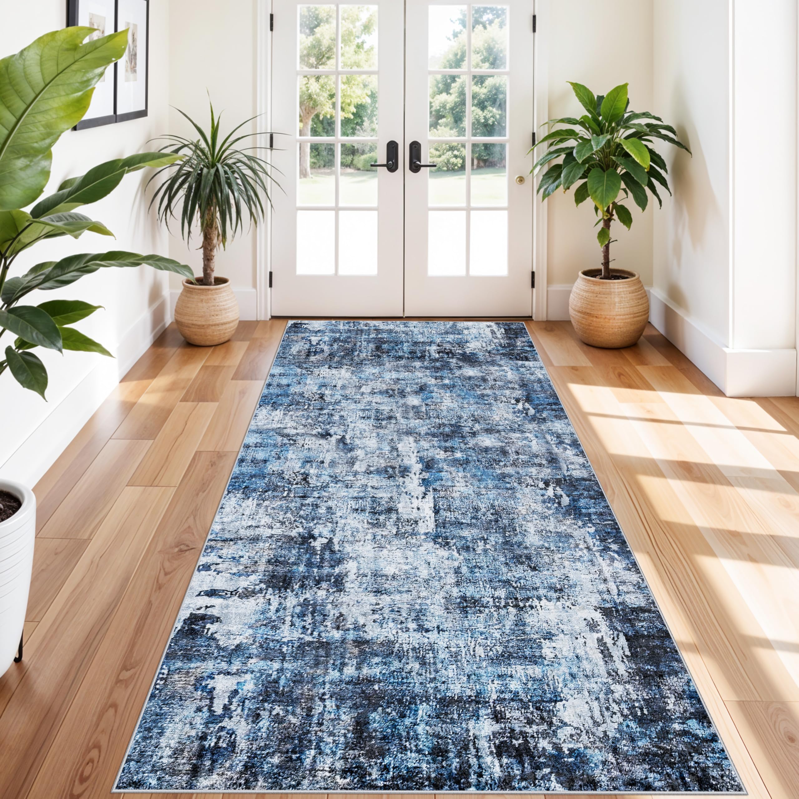 4x10 ft Extra Wide Hallway Rug – Non-Slip Washable Rubber-Backed Large Carpet Runner for Kitchen, Entryway | Modern Abstract, Low-Pile Thin Floor Mat for Bedroom Living Room Dining Room(Blue) — image 1