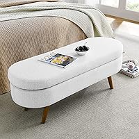 Vista 9 de Banco de almacenamiento ovalado, banco tapizado de tela de lino con patas de madera maciza para lado de la cama, entrada, sala de estar, beige
