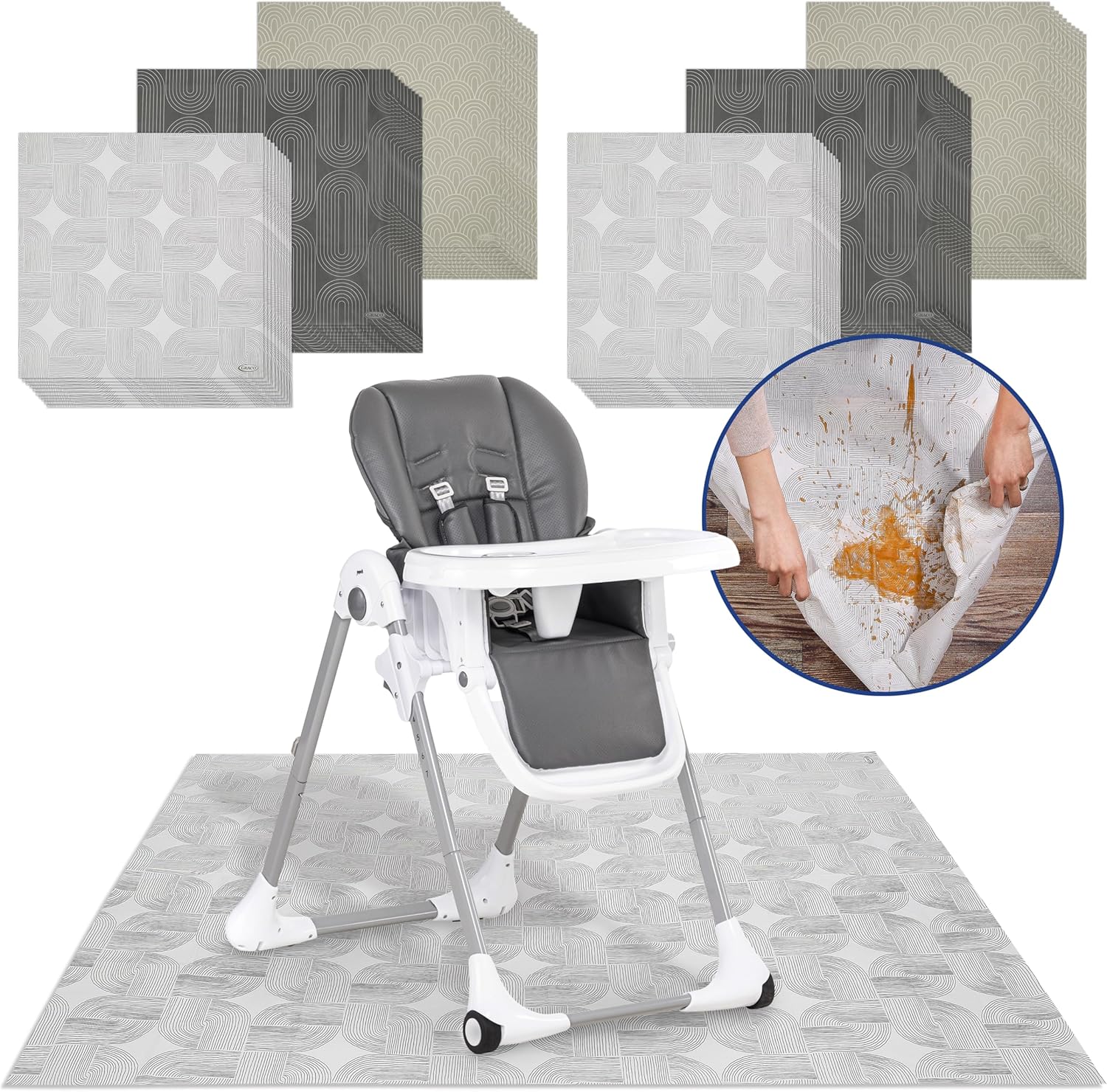 Graco Baby Disposable Splat Mats – 60 Count, 47" x 40", Biodegradable Floor Protector for Mealtime, Under High Chair, Home & Restaurant Use, Hudson Design