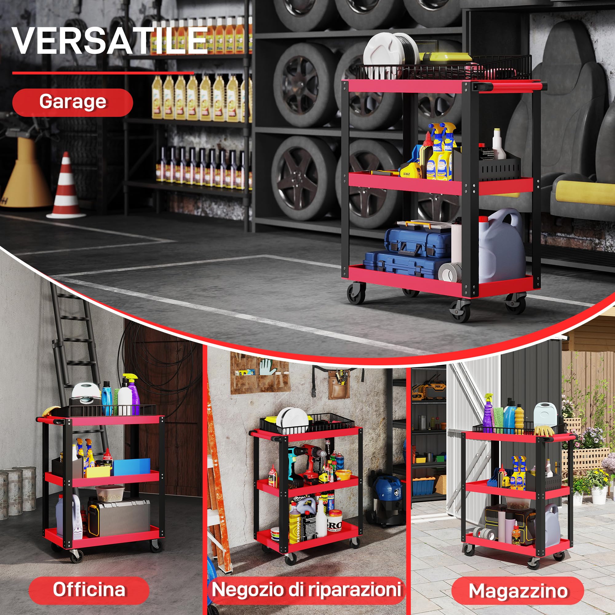 HOMCOM Carrello Porta Attrezzi a 3 Ripiani con Bordi Rialzati, Ruote a Freno e Maniglia, Carrello Portautensili in Metallo e PP, 70.5x35x82.5 cm, Rosso e Nero