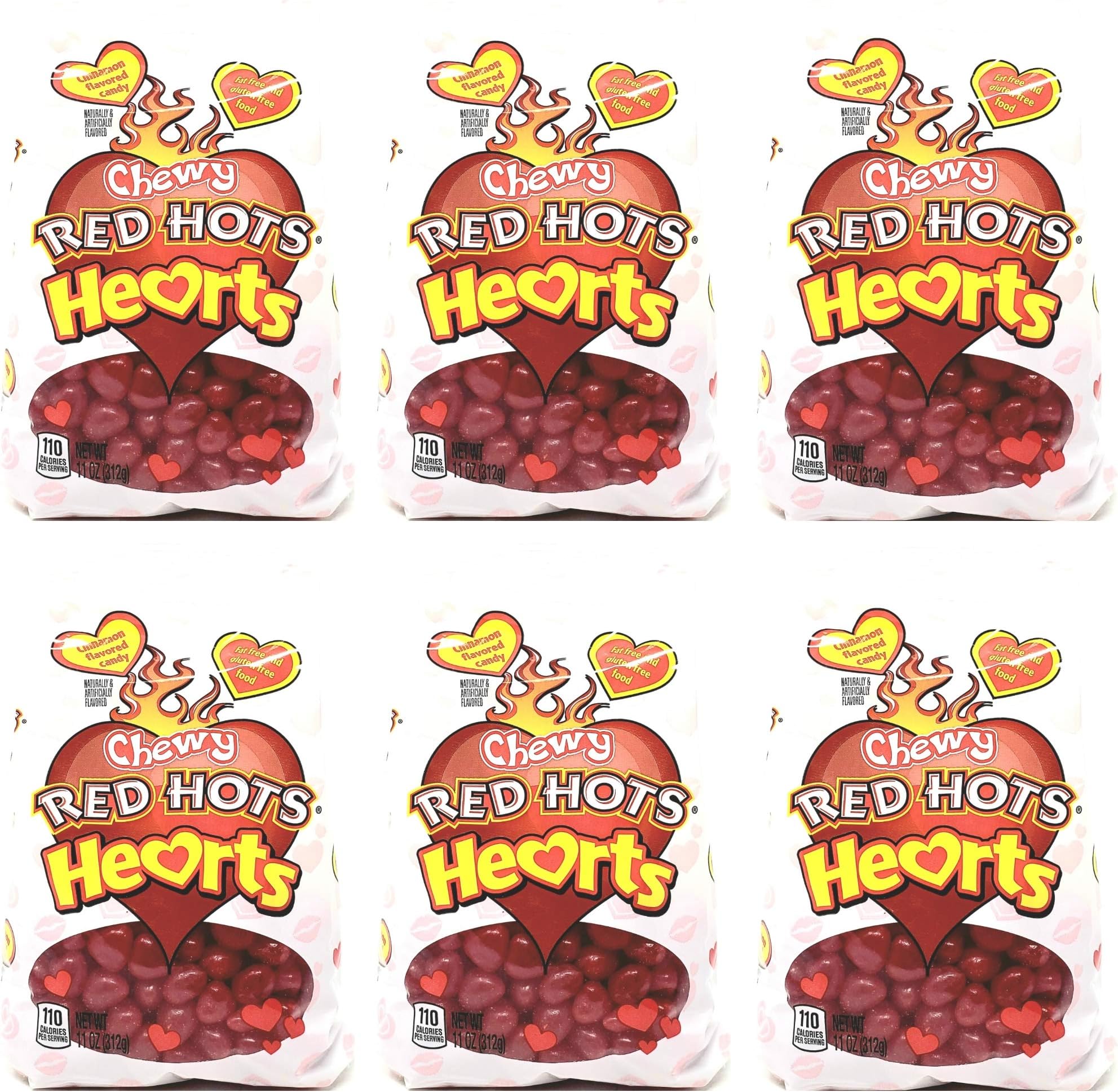 Chewy Red Hots Hearts Valentines Day Candy - 11 oz Per Bag - Gluten Free and Fat Free Cinnamon Flavored Candy - Choose a 3, 4, or 6 Pack (6 Pack)