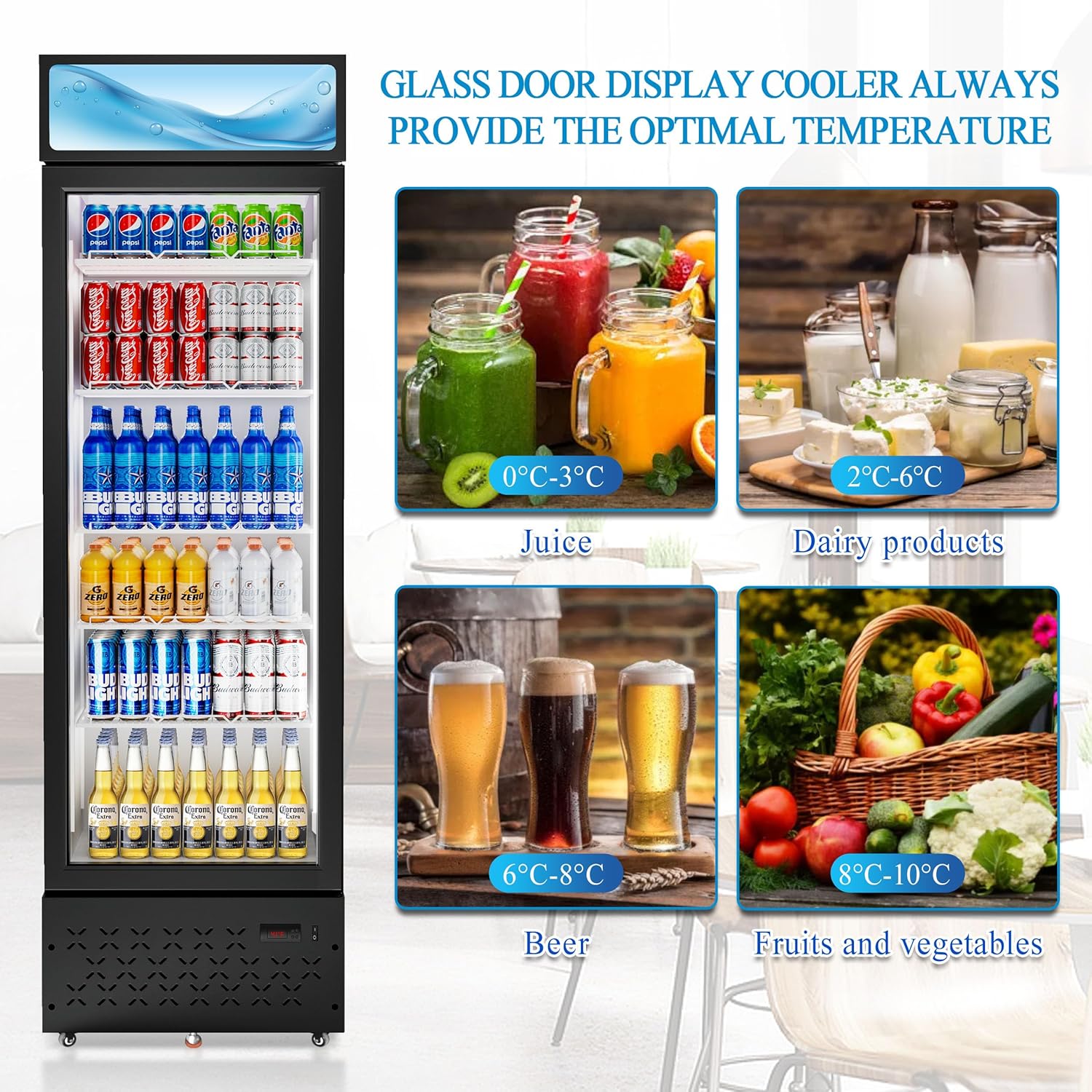 Beverage Cooler Commercial Refrigerator 10 Cu.Ft. Glass Door Display Refrigerator with LED Light, 5 Shelves, Display Commercial Beverage Refrigeratorfor Restaurant Cafe Bar Store (10 Cu.Ft.)