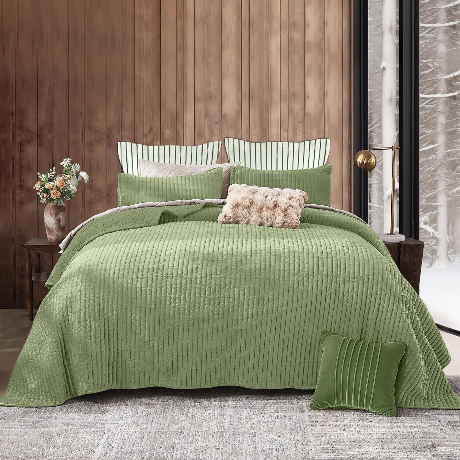 SHALALA Velvet Quilt King Size,Vertical Striped Bedding Set,Lightweight Velvet Comforter,Luxurious Cozy Bedspread and Coverlet with Soft Brushed Microfiber(Sage Navy Blue King) Sage King(106\"x94\"?