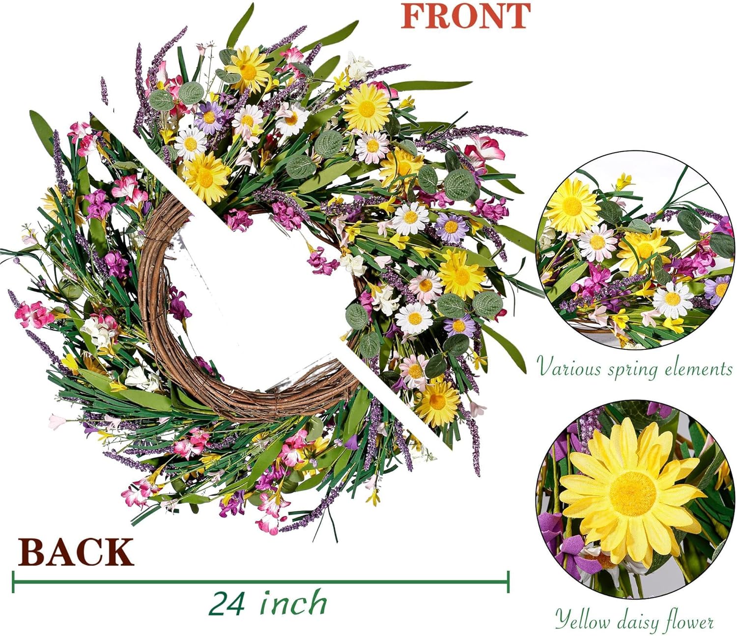 Sggvecsy Daisy and Lavender Wreath 24’’ Wildflower Wreath Spring and Summer Artificial Spring Silk Summer for Front Door Home Wall Wedding Festival Farmhouse Holiday Decor - Image 7