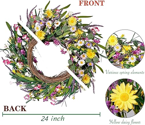 Vista 7 de Sggvecsy Corona de margaritas y lavanda de 24 pulgadas, corona de flores silvestres para primavera y verano, artificial de primavera y verano
