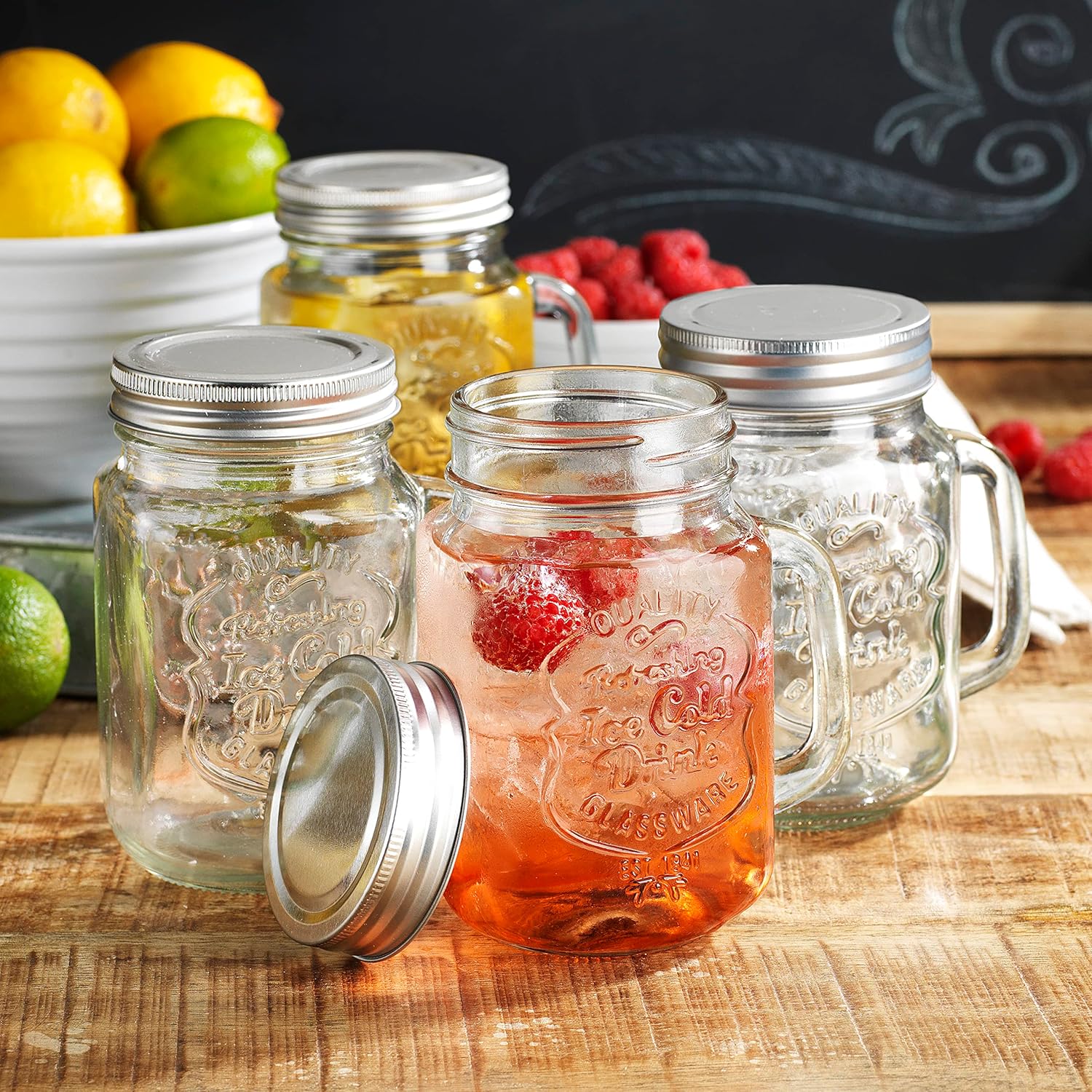 Glaver's Mason Drinking Jars – Set of 4, 15.25 Oz Clear Glass Jar with Handle and Lid. – Ice-Cold Drink Glassware Logo – Glass Mugs Ideal for Cold Beverages, Juice, Smoothie, Cocktails. - Image 2