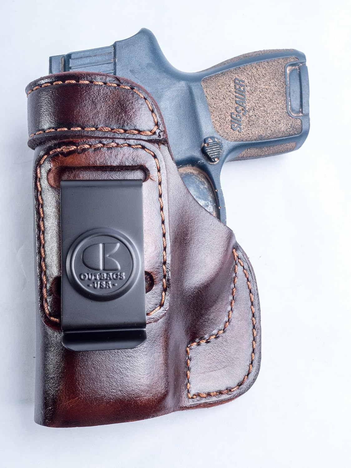 OUTBAGS USA LS2P250SC (Brown-Left) Full Grain Heavy Leather IWB Conceal Carry Gun Holster for Sig Sauer P250 Sub-Compact 9mm, .40S&W, .45ACP. Handcrafted in USA.