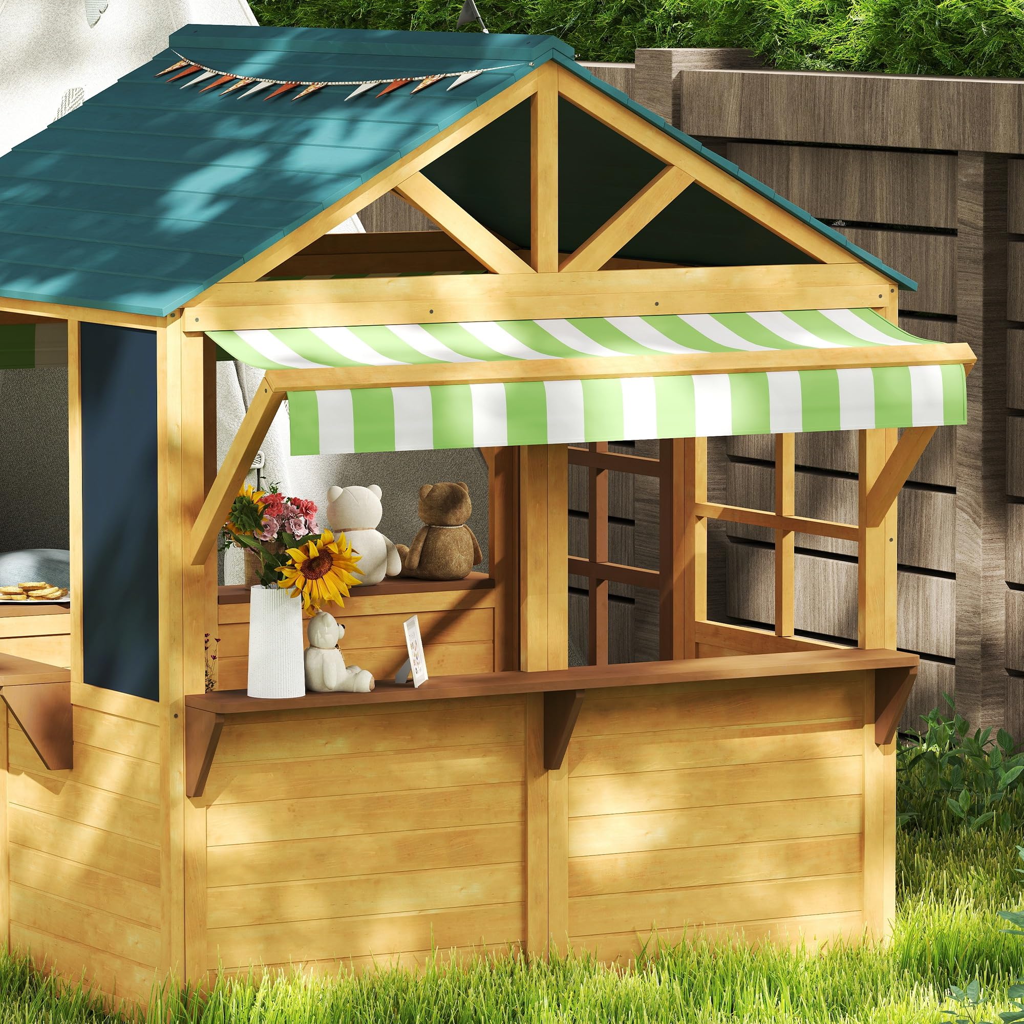AIYAPLAY Casetta per Bambini in Legno di Abete, Casetta da Giardino Pieghevole con 5 Finestre, Tettoia, Porta e 2 Lavagne Nere, Casa da Esterno per Bimbi 3-8 Anni, 173x117x144 cm, Marrone