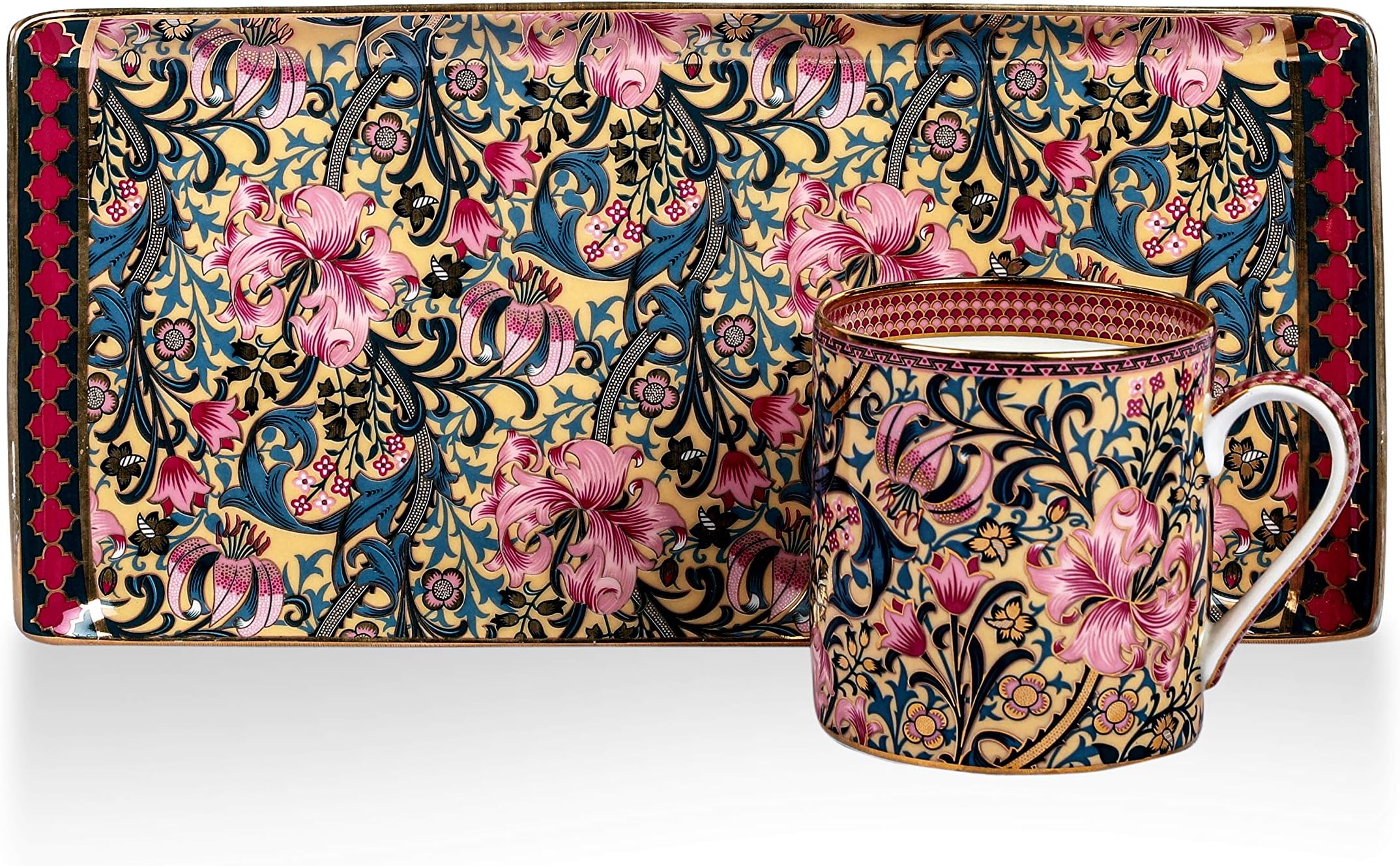 Moksha Craft 24K Gold Plated Ceramic Rectangular Tray with 1 Mug Color- Beige