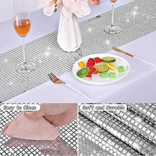 Miniatura 10 de Durony Paquete de 2 caminos de mesa disco de 11 x 108 pulgadas, espejo rosa intenso con purpurina y lentejuelas brillantes para despedida de