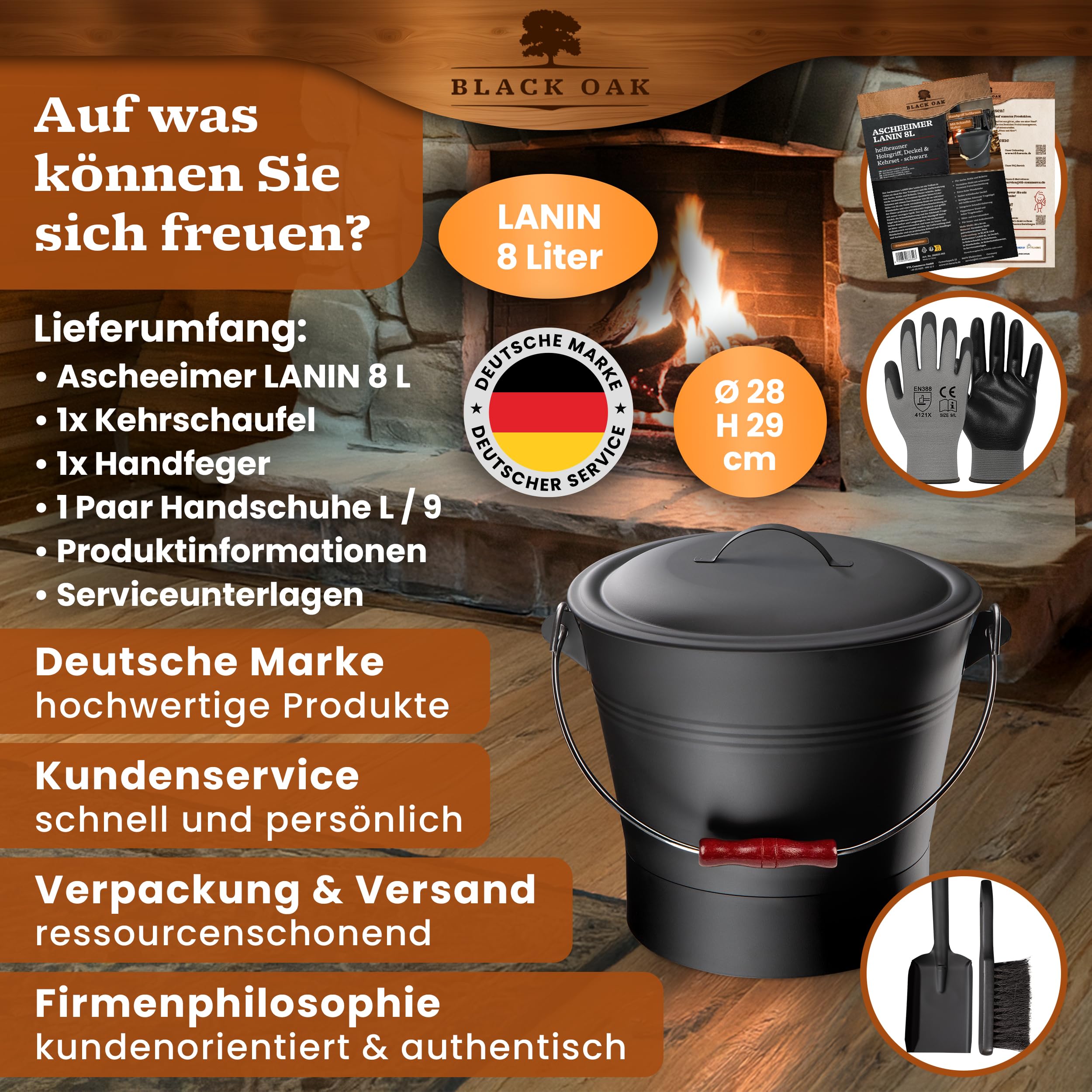 BLACK OAK LANIN - Secchio per cenere, 8 l, nero con coperchio e manico in legno scuro + spazzola, pala e guanti, 8 l, in acciaio zincato e verniciato a polvere, per pellet di carbone di cenere