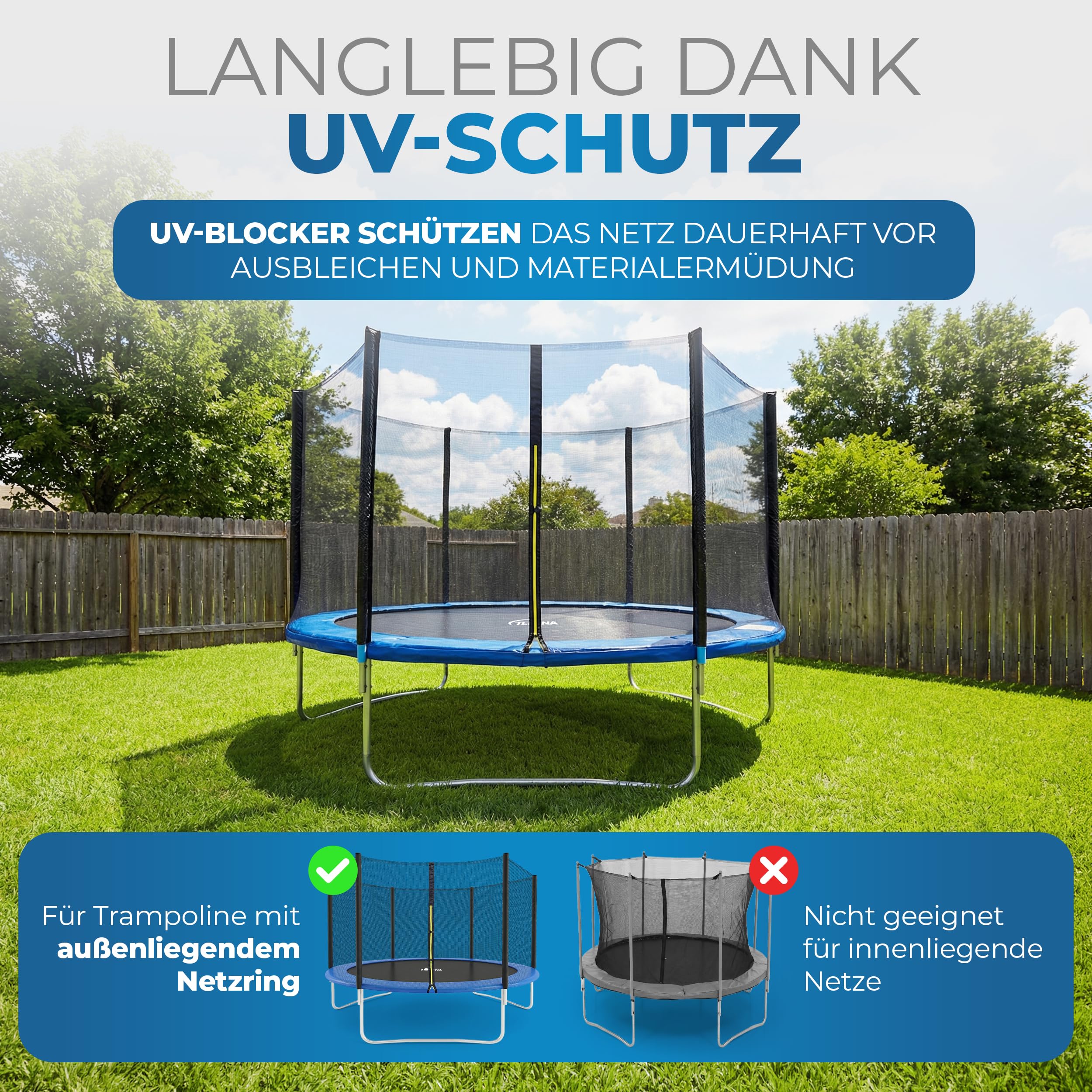 Terena Trampolin Ersatznetz Sicherheitsnetz außenliegend – Trampolinnetz – UV-beständig und reißfest – Hochwertiges Trampolin Netz Ø 244 305 366 396 427 cm