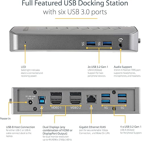 Miniatura 4 de StarTech.com USB-C USB-A Dock - Hybrid Universal USB 3.0 Docking Station for USB-C or USB-A Laptop - Dual Monitor 4K 60Hz HDMI/DisplayPort - 6x