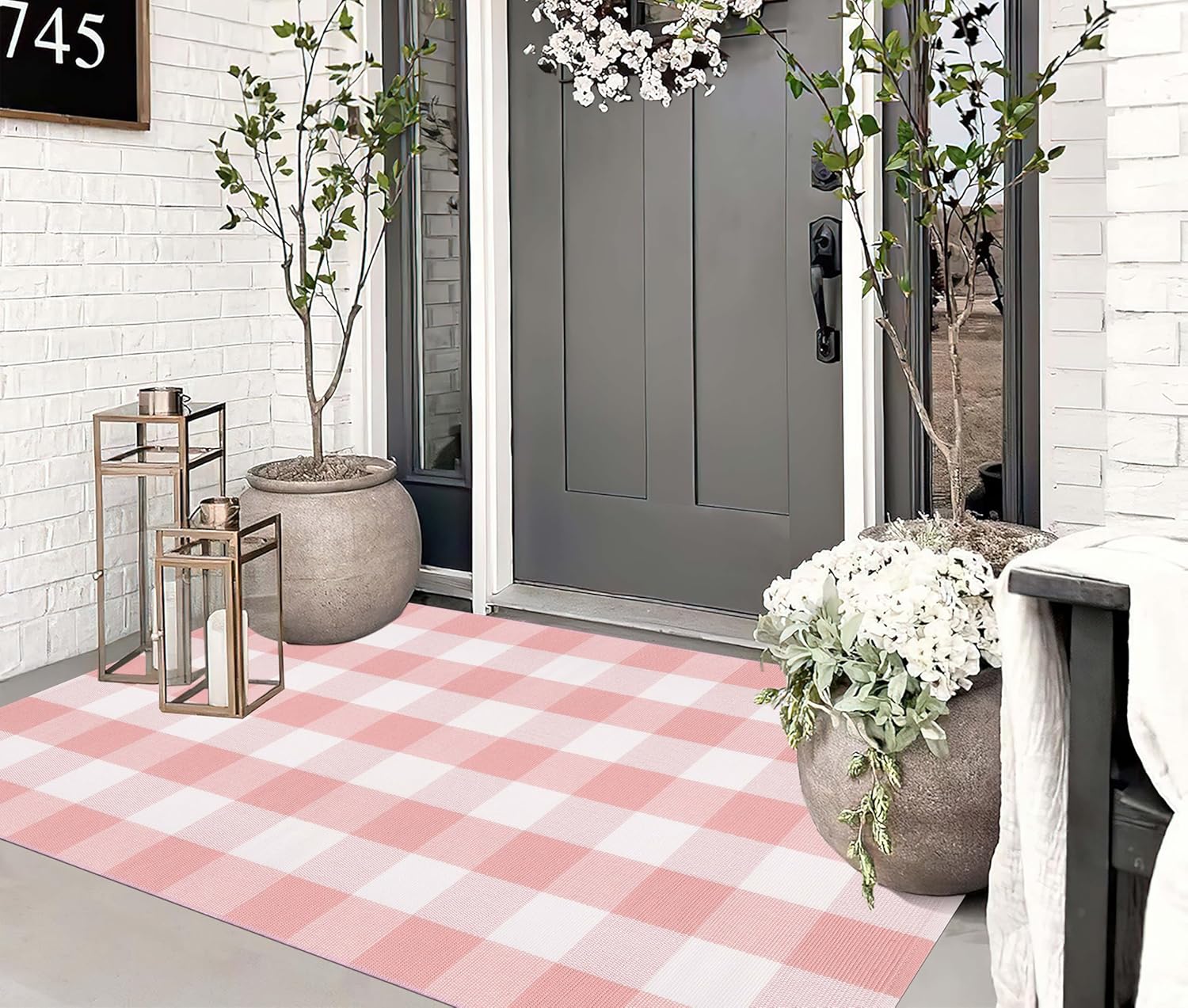 Pink and White Buffalo Plaid Rug 3'x5'Checkered Outdoor Rug Farmhouse Front Porch Rug Machine Washable Front Door Mat Outdoor for Hello Welcome Mat,Bedroom,Entryway,Patio