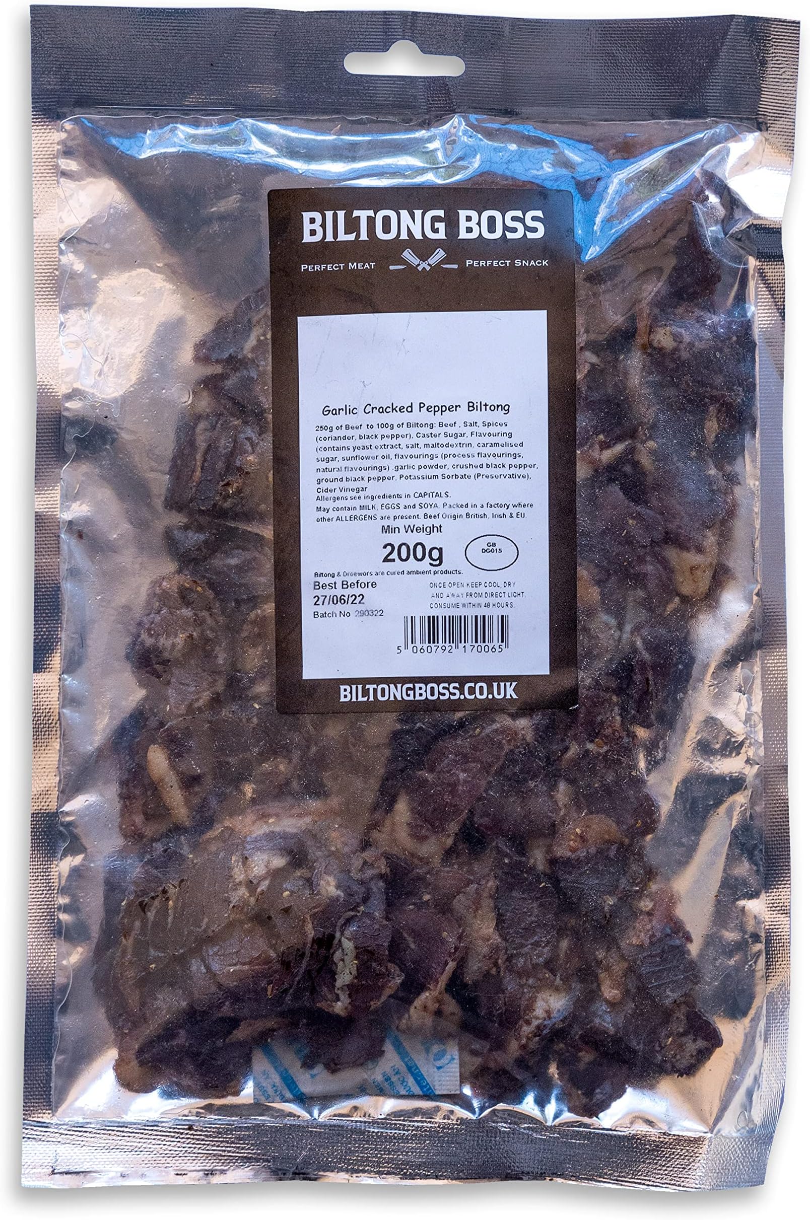 Biltong Boss Garlic Cracked Black Pepper, Premium Beef, High Protein Ready To Eat Healthy Snack, Suitable For Gluten-Free, Paleo, Keto, Atkins Diets & Post-Workout, Low Sugar & Carbohydrates, 200g