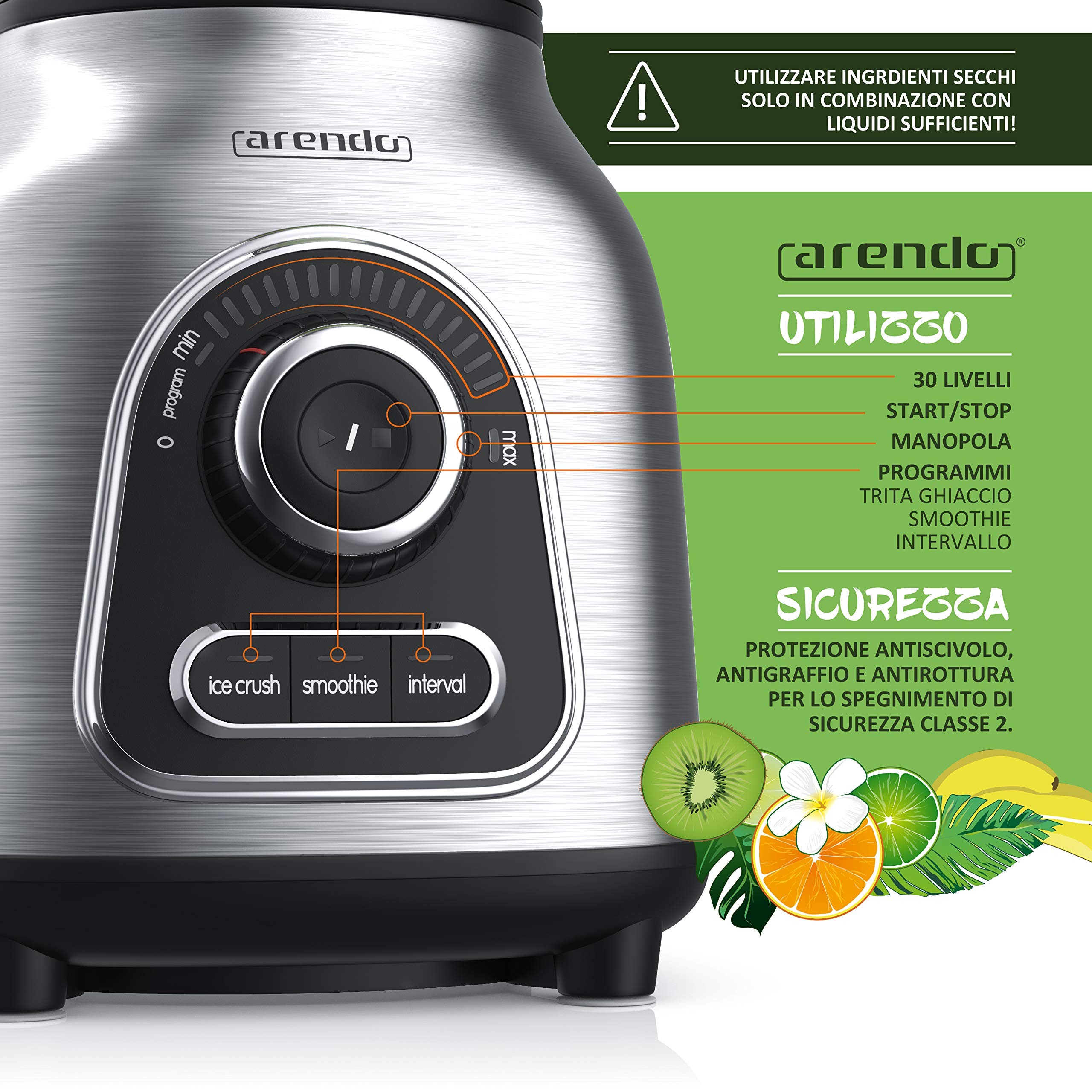 Arendo - Frullatore in acciaio inox 24.000 rpm - 1400 watt - incl. contenitore in vetro da 1,75 l - coltello in acciaio inox con cuscinetti a sfera Funzione impulso frullato a 6 lame 30 livelli di
