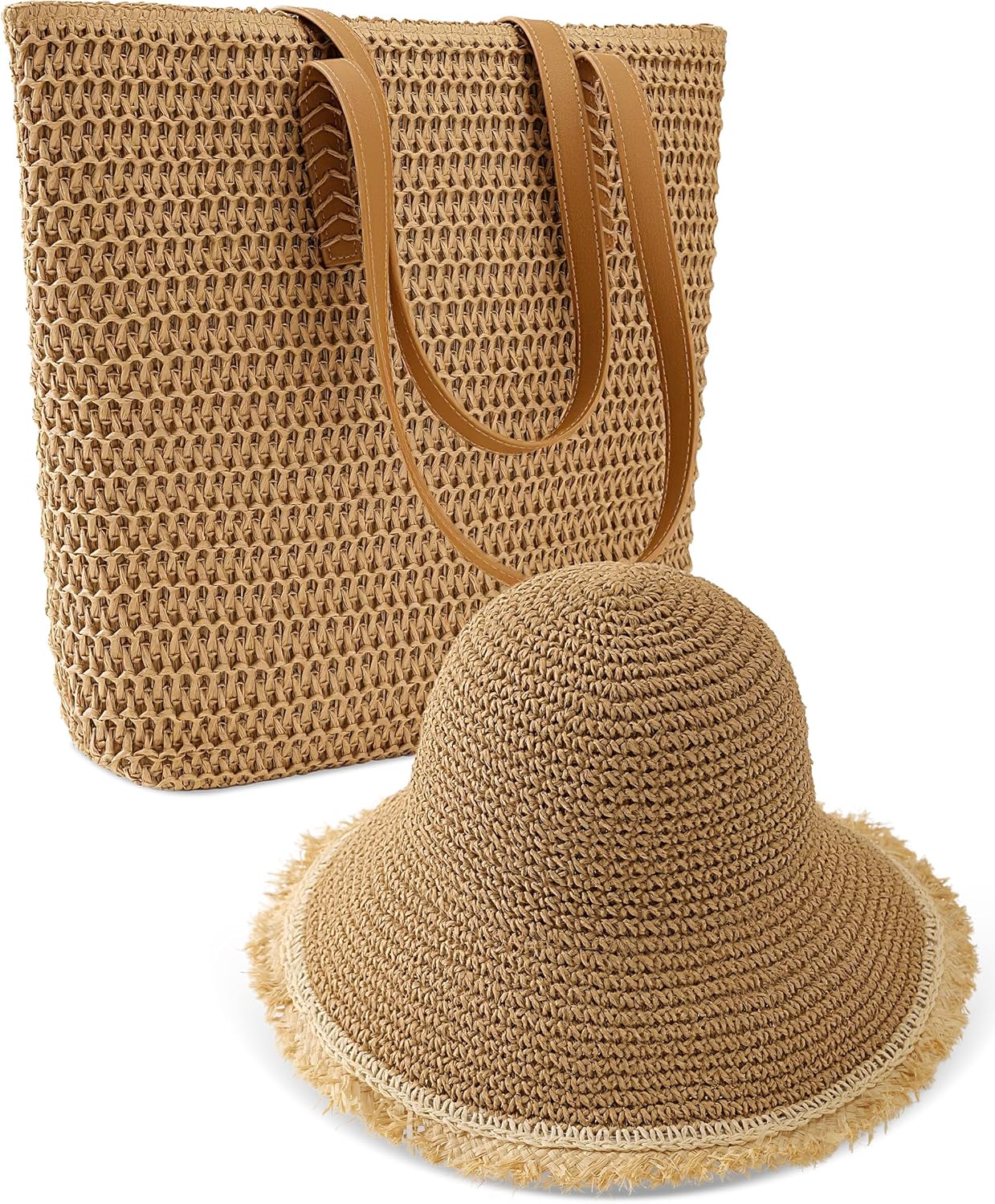Straw Beach Bags for Women & Sun Hat Set, Beach Hats for Women UPF 50+ Protection for Summer Travel 2026