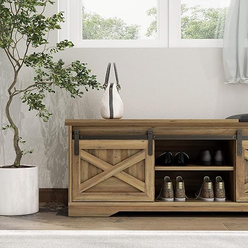 Miniatura 7 de Banco de zapatos de entrada con almacenamiento, banco de zapatos marrón con puerta corrediza de granero, bancos de granja con cojín, bancos de