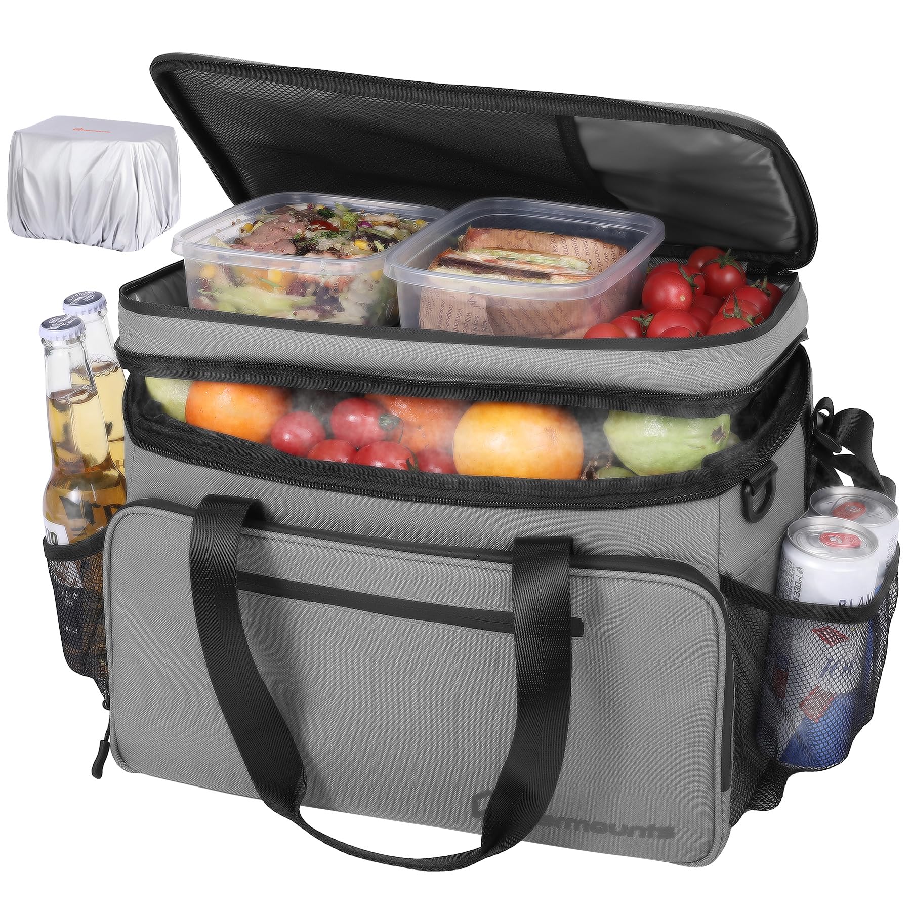 WARMOUNTS Insulated Cooler Bag w/Leakproof PVC Liner, Soft Lunch Bag with 5-Layer Insulation, Ice Chest Cooler for Camping, Beach, Fishing, Picnic, Travel (Grey, 48-Can)