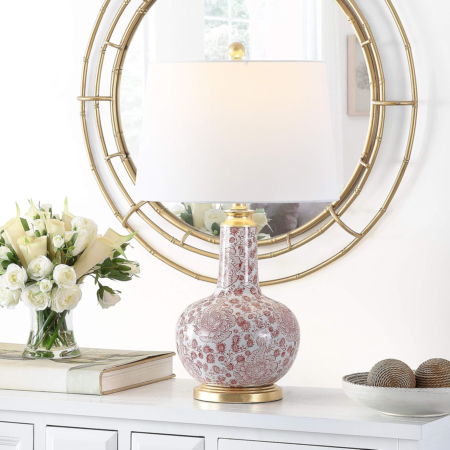 Safavieh Lighting Collection Leia Red Floral Chinoiserie Ceramic 26-inch Bedroom Living Room Home Office Desk Nightstand Table Lamp (LED Bulb Included)