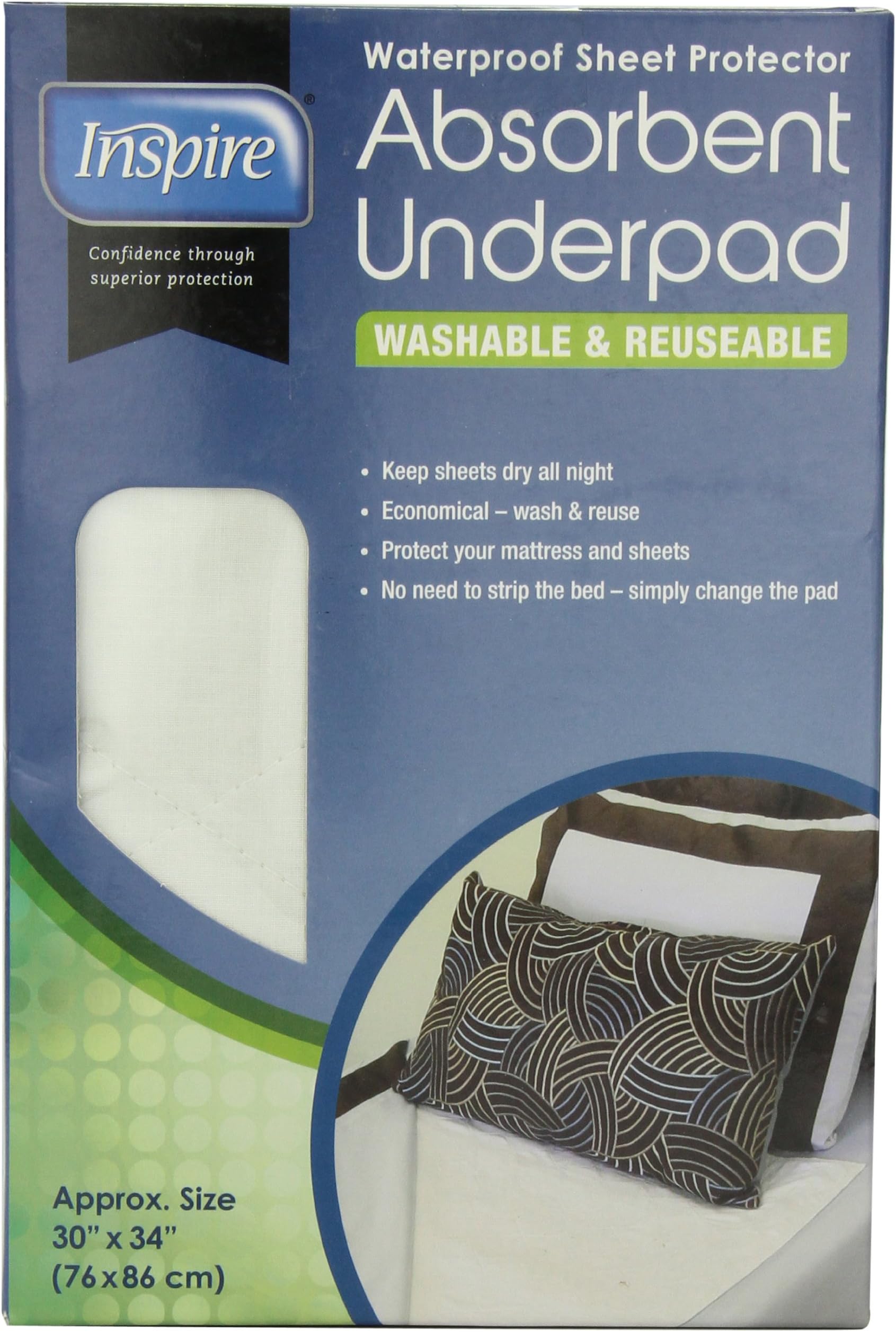Inspire Washable Reusable Incontinence Underpad, 30 Inches X 34 Inches White