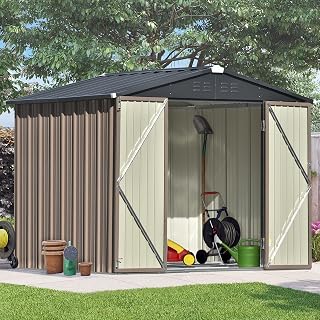 RITSU 8ft x 6ft Outdoor Garden Shed, Metal Storage Shed with Lockable Door, Gable Roof Tool Cabinet with Air Vents, Outside Backyard Storage Sheds for Backyard, Lawn, Garden, Brown