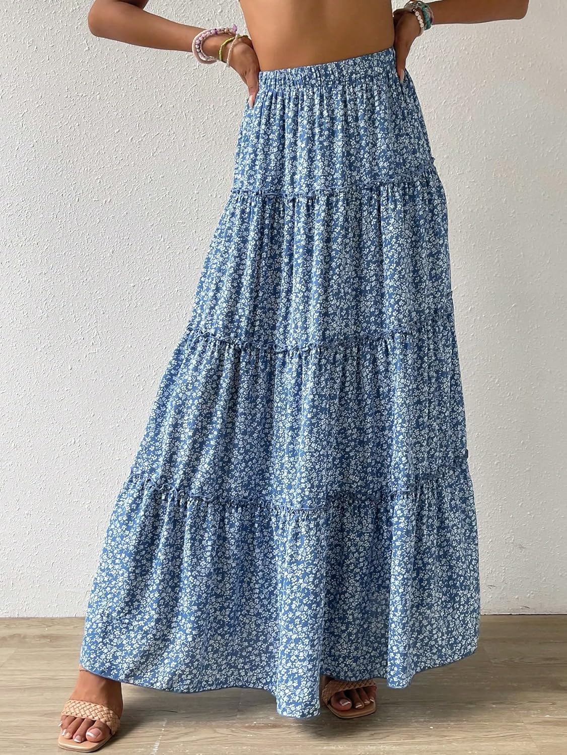 Verdusa Women's Floral Print Elastic High Waist Pleated Ruffle Flowy Long Skirts - Image 4