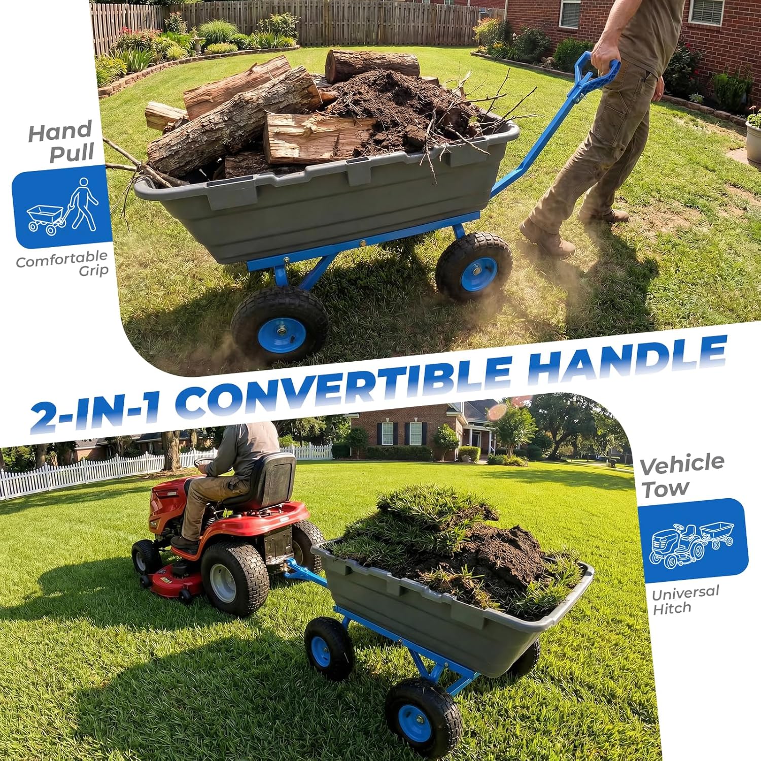 Sekey 1000lbs Garden Dump Cart for Seniors, Capacity Yard Wagon with Rubber Tires, Quick-Release Dumping & Easy-Maneuver Handle for Soil, Rocks, and Firewood, Gray