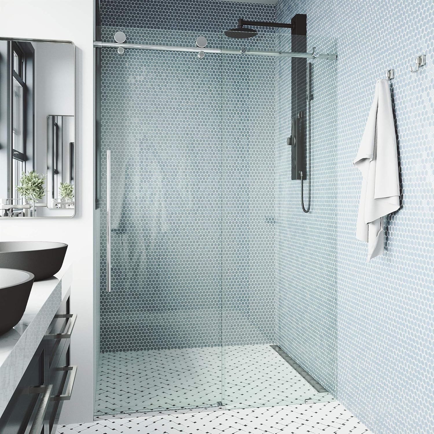 VIGO Elan E-Class 60 to 64 in. W x 76 in. H Sliding Frameless Shower Door in Chrome with 3/8 in. Clear Glass-VG6021CHCL6476