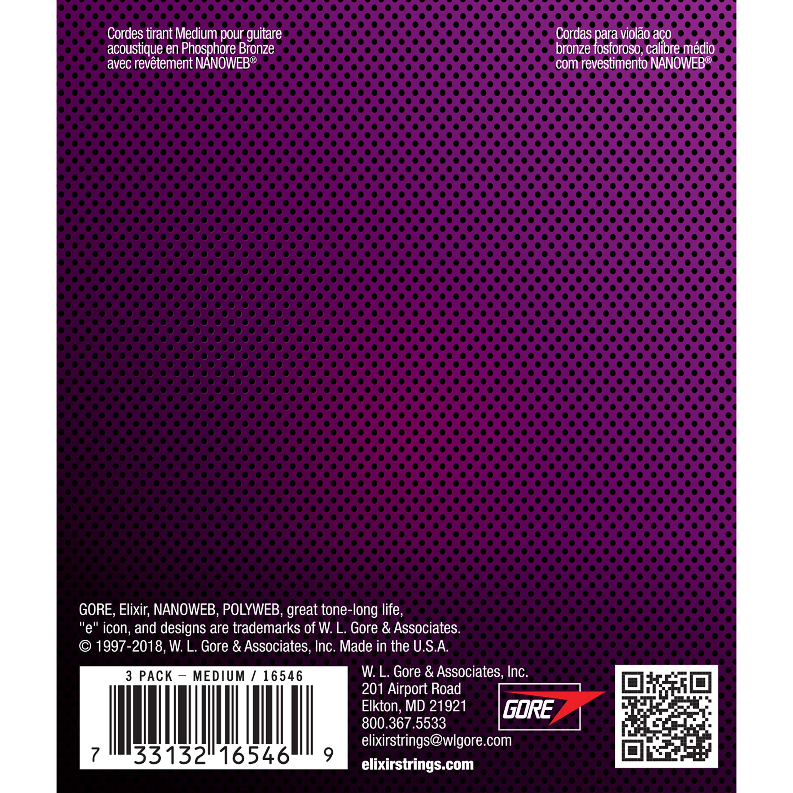 Elixir 16546 Phosphor Bronze Nanoweb Medium Acoustic Strings 13-56 (3-Pack) - Corde per chitarra acustica