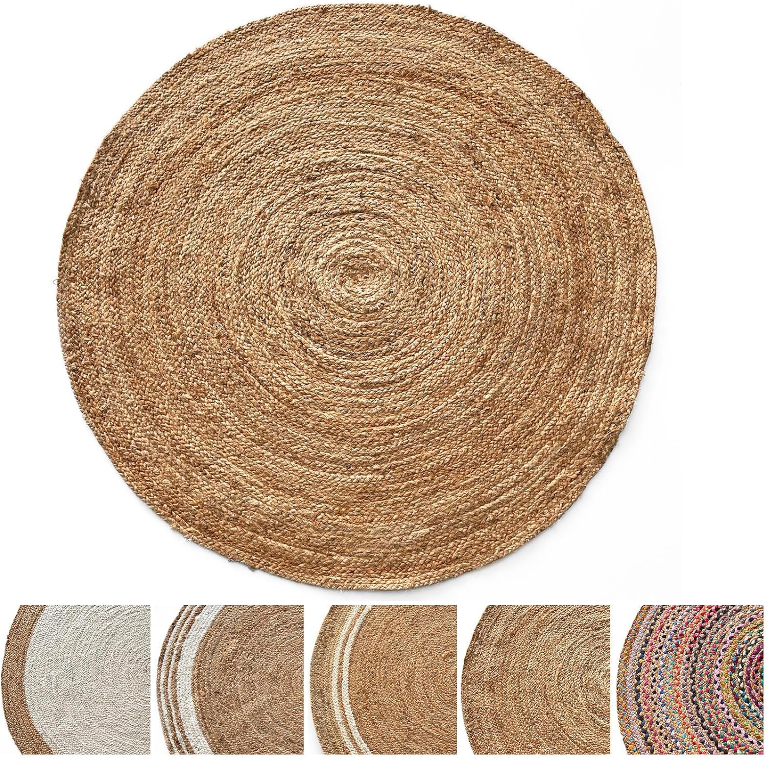 Tappeto in Juta Surat Rotondo 200 cm - Tessuto a Mano in Fibre Naturali - Tappeto Naturale per Soggiorno, Camera da Letto e Ingresso