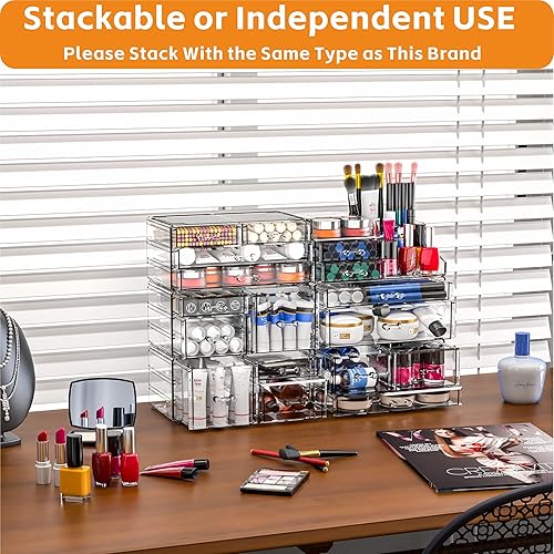 Miniatura 6 de Organizador de maquillaje acrílico transparente y almacenamiento para tocador, organizador de cuidado de la piel de baño con 12 cajones para