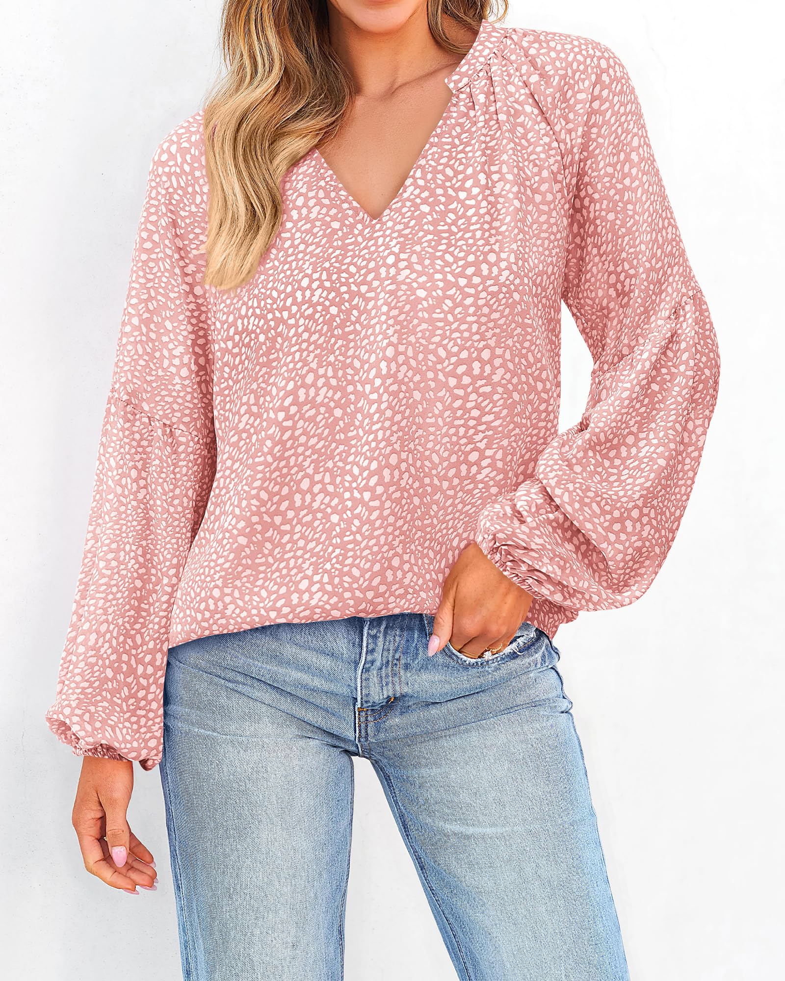 BTFBM Blouses for Women Dressy Casual Floral Boho Tops Trendy V Neck Lightweight Long Sleeve Shirts Fall Clothes 2025