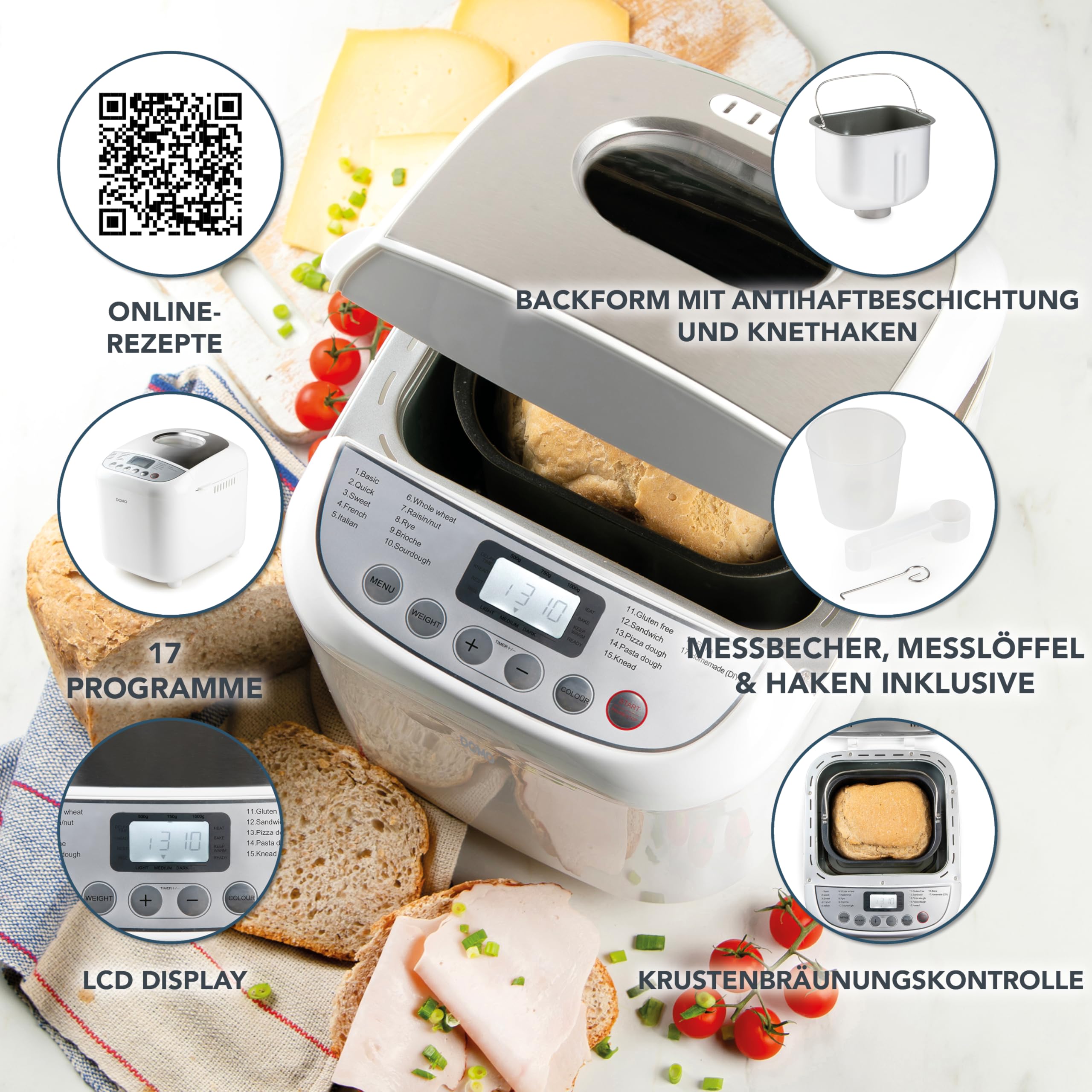 DOMO B3976 Brotbackautomat - 17 Backprogramme inkl. Pizza und Glutenfrei-Programm - 3 Brotgrößen (500g - 750g - 1000g) - PFAS frei - mit Timer, LCD Display und Warmhaltefunktion